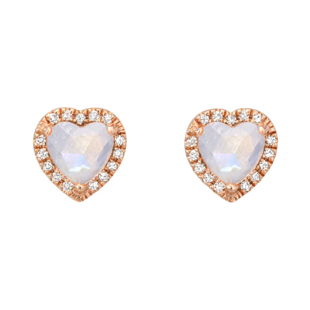 Rainbow Moonstone Diamond Halo Heart Earrings