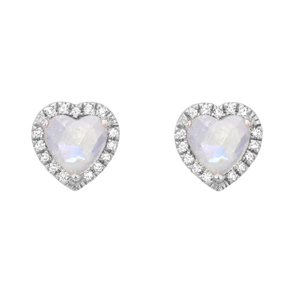 Rainbow Moonstone Diamond Halo Heart Earrings