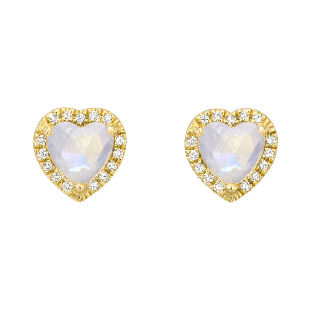 Rainbow Moonstone Diamond Halo Heart Earrings