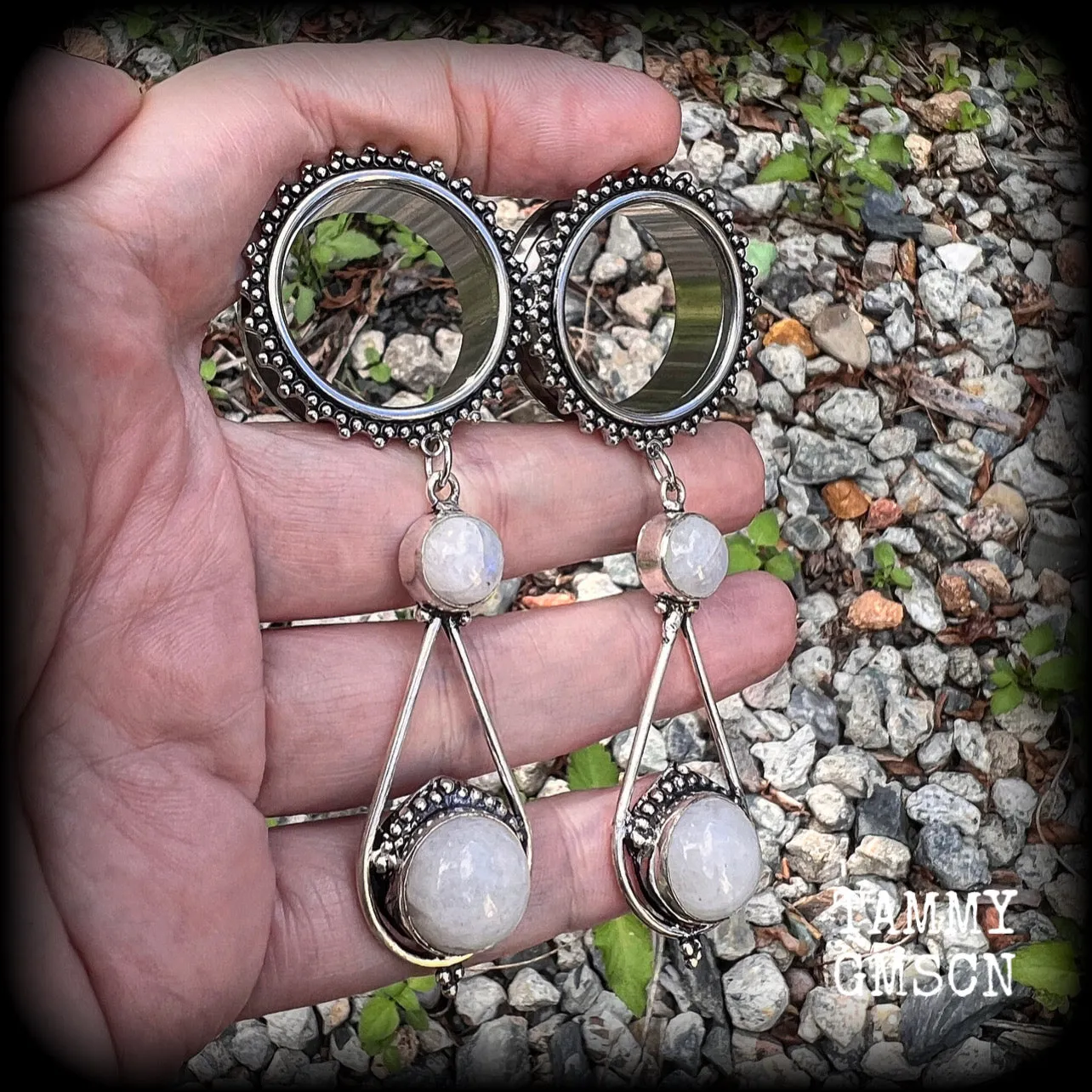 Rainbow moonstone tunnel earrings-Gemstone tunnel dangles