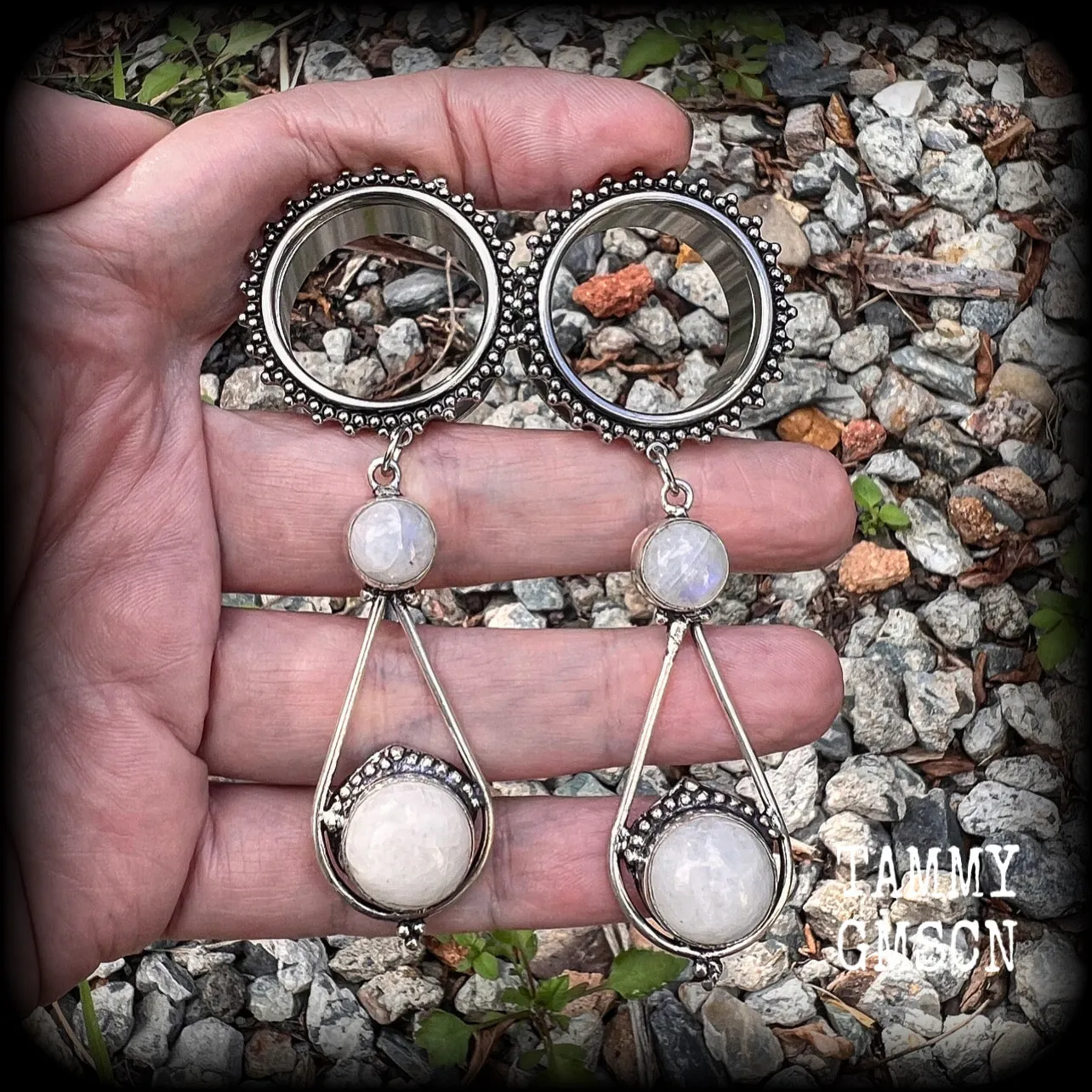 Rainbow moonstone tunnel earrings-Gemstone tunnel dangles