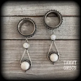 Rainbow moonstone tunnel earrings-Gemstone tunnel dangles