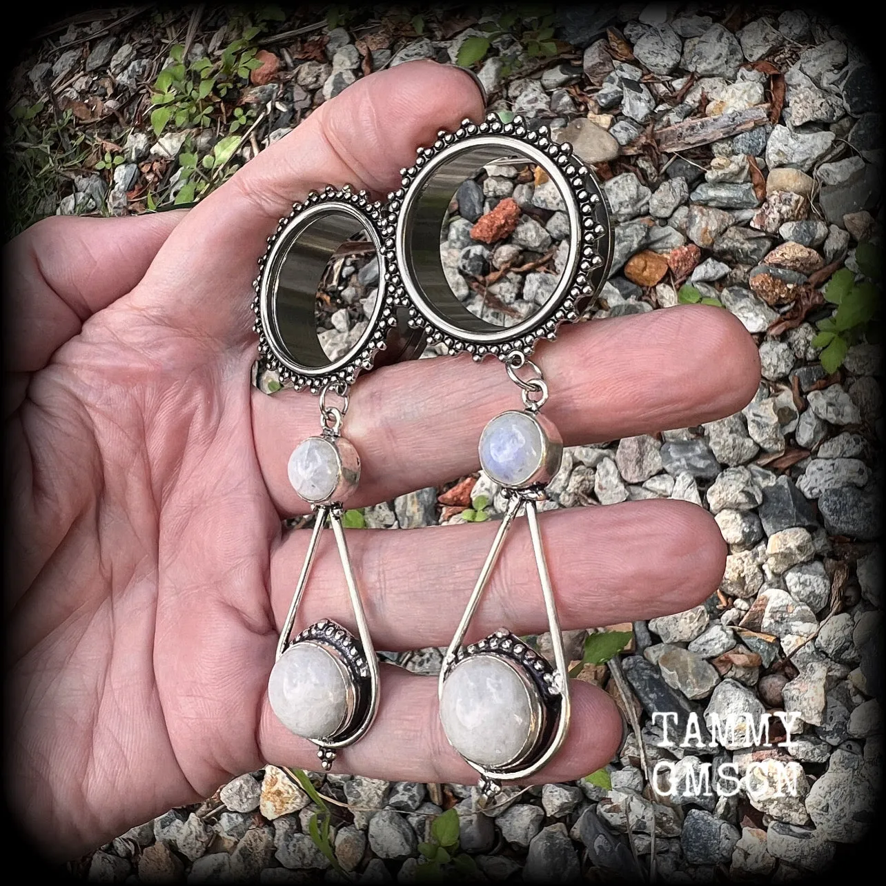 Rainbow moonstone tunnel earrings-Gemstone tunnel dangles