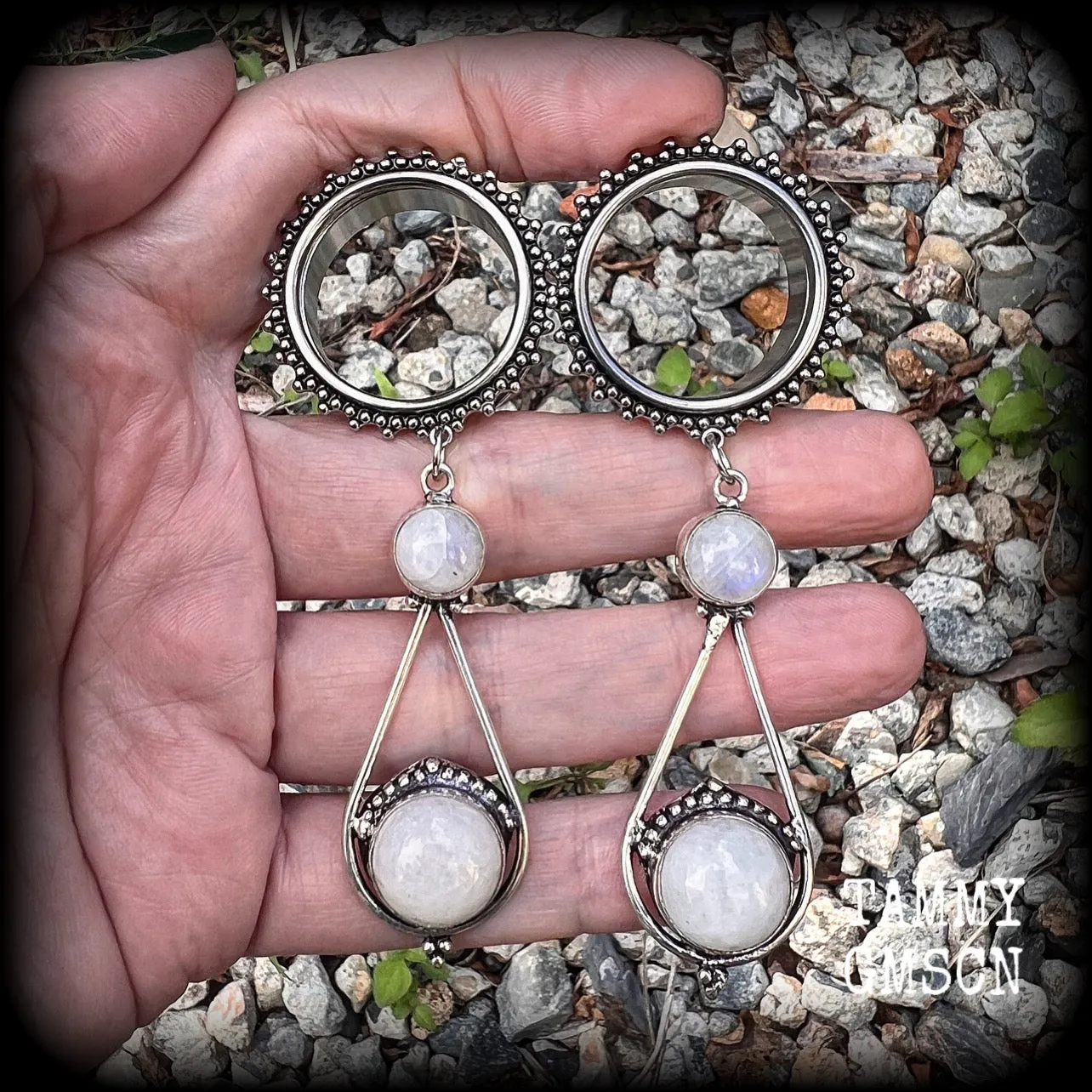 Rainbow moonstone tunnel earrings-Gemstone tunnel dangles