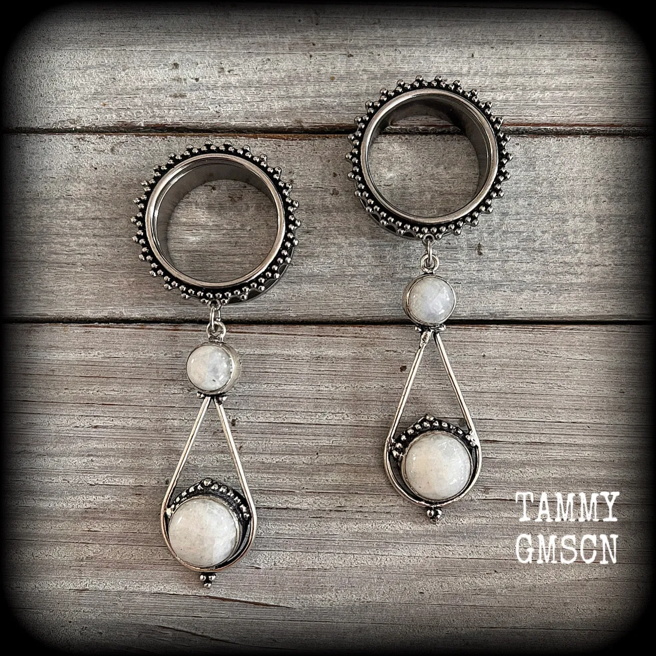 Rainbow moonstone tunnel earrings-Gemstone tunnel dangles