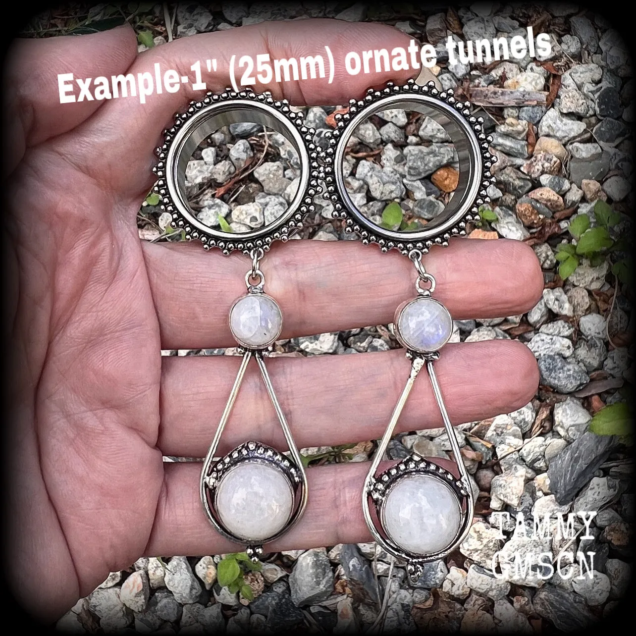 Rainbow moonstone tunnel earrings-Gemstone tunnel dangles