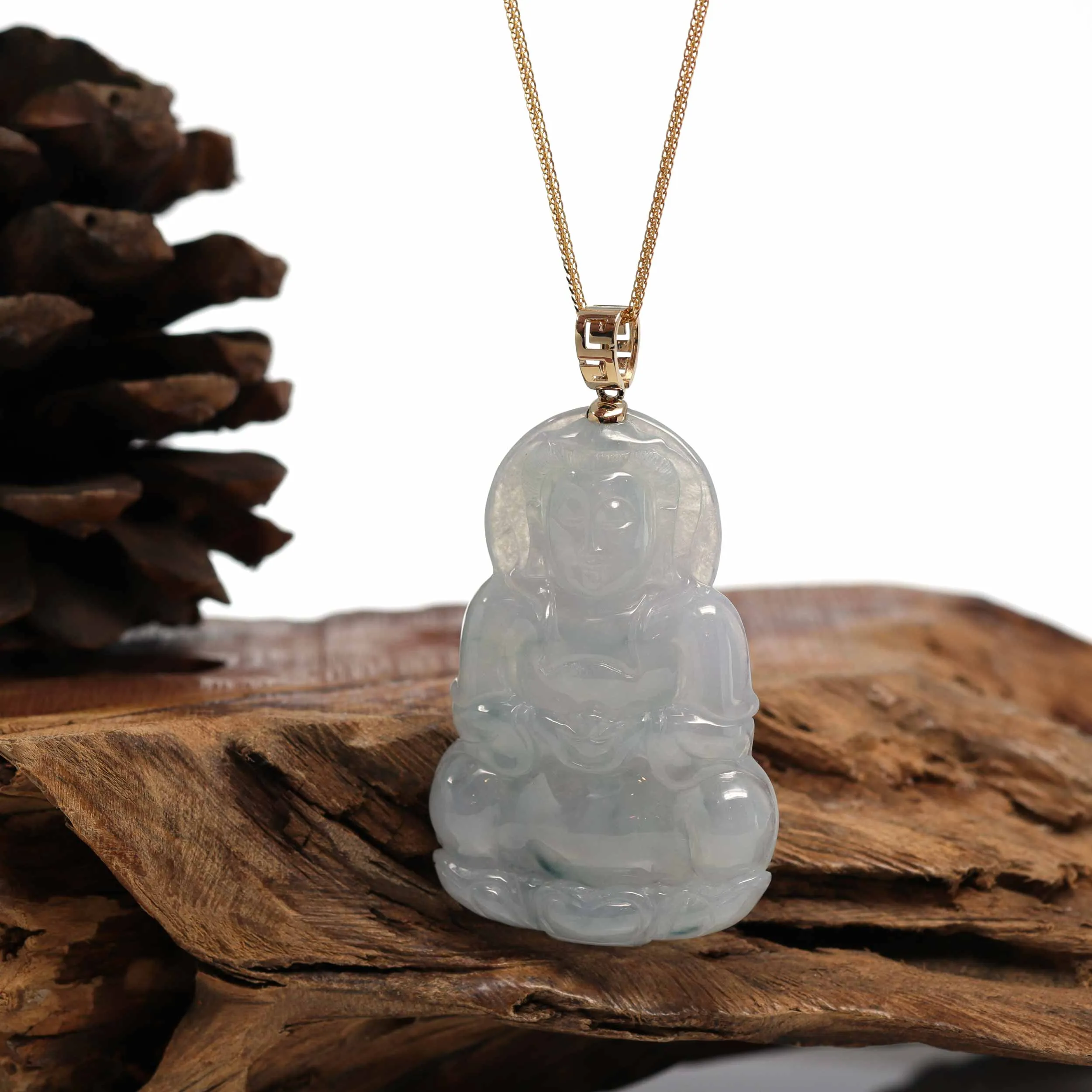 RealJade® 14k Yellow Gold "Goddess of Compassion" Genuine Burmese Jadeite Jade Guanyin Necklace With Good Luck Design