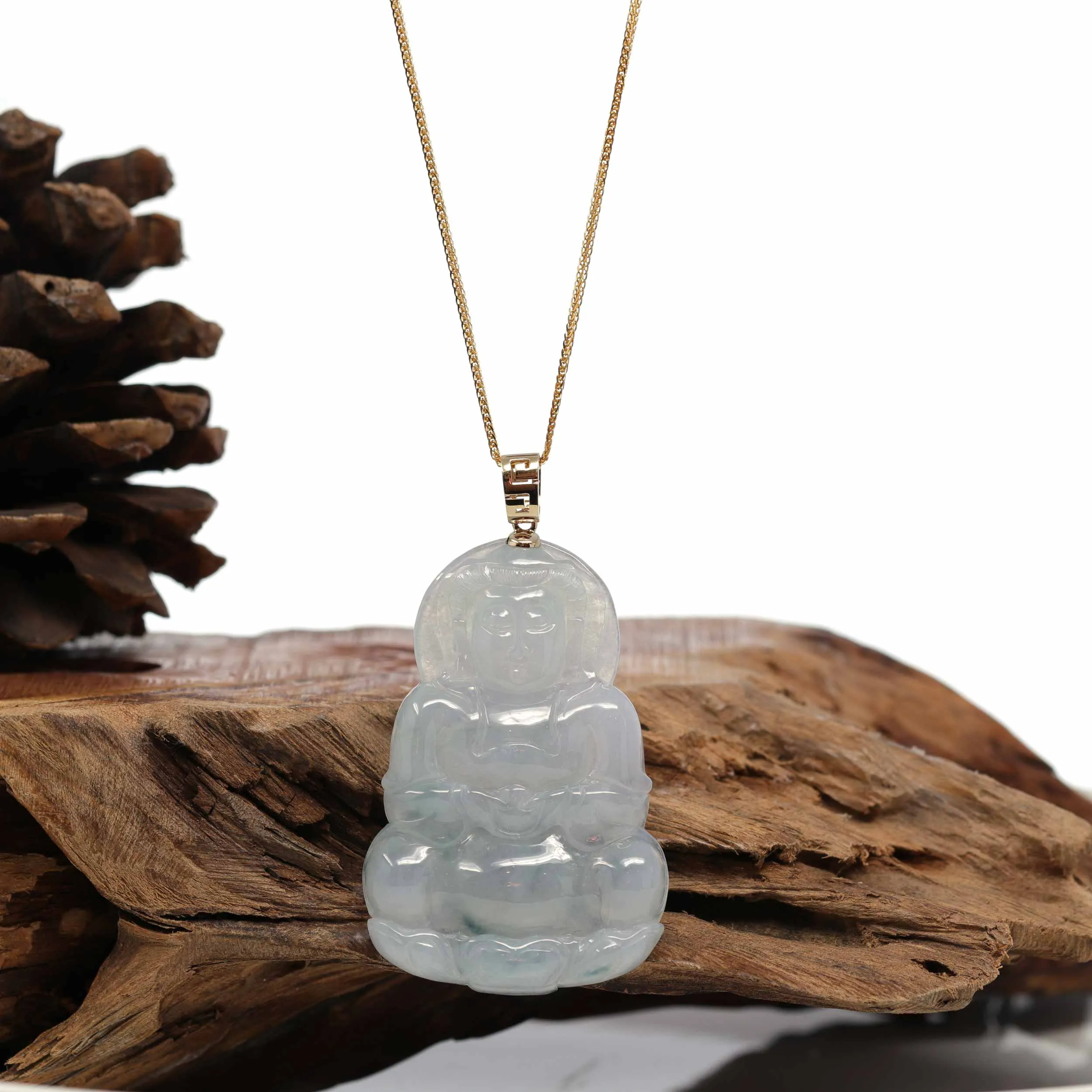 RealJade® 14k Yellow Gold "Goddess of Compassion" Genuine Burmese Jadeite Jade Guanyin Necklace With Good Luck Design