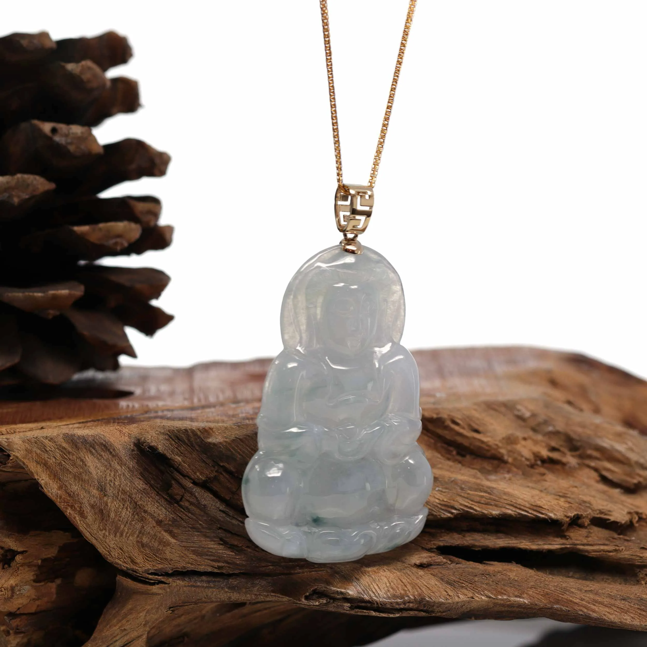 RealJade® 14k Yellow Gold "Goddess of Compassion" Genuine Burmese Jadeite Jade Guanyin Necklace With Good Luck Design