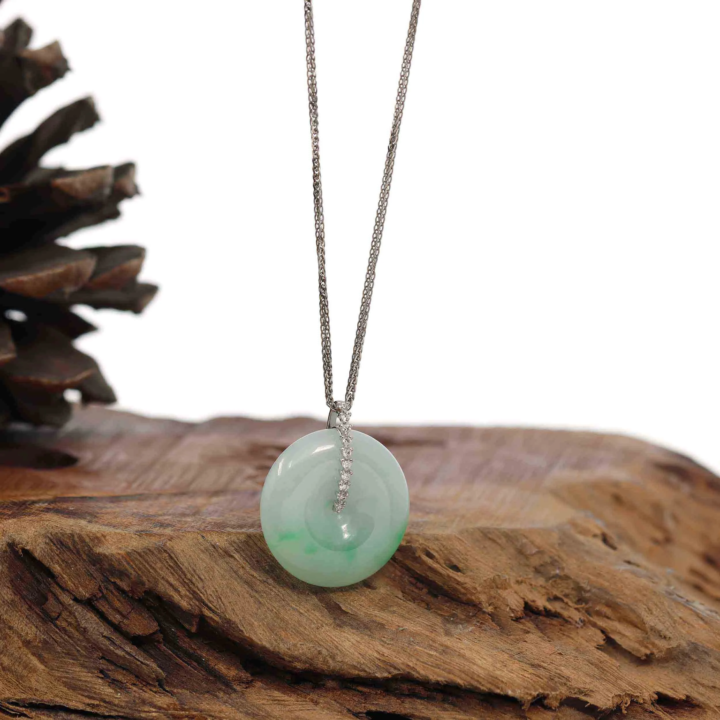 RealJade® Co. 18K White Gold "Good Luck Button" Necklace Ice Green Jadeite Jade Pendant Necklace