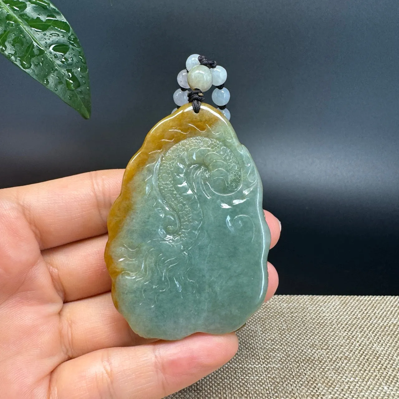 RealJade® Co.  Genuine Burmese Jadeite Jade Yellow Green Dragon Pendant Necklace