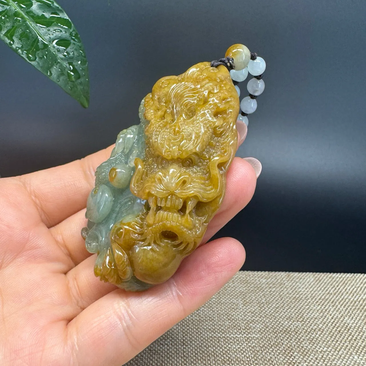 RealJade® Co.  Genuine Burmese Jadeite Jade Yellow Green Dragon Pendant Necklace