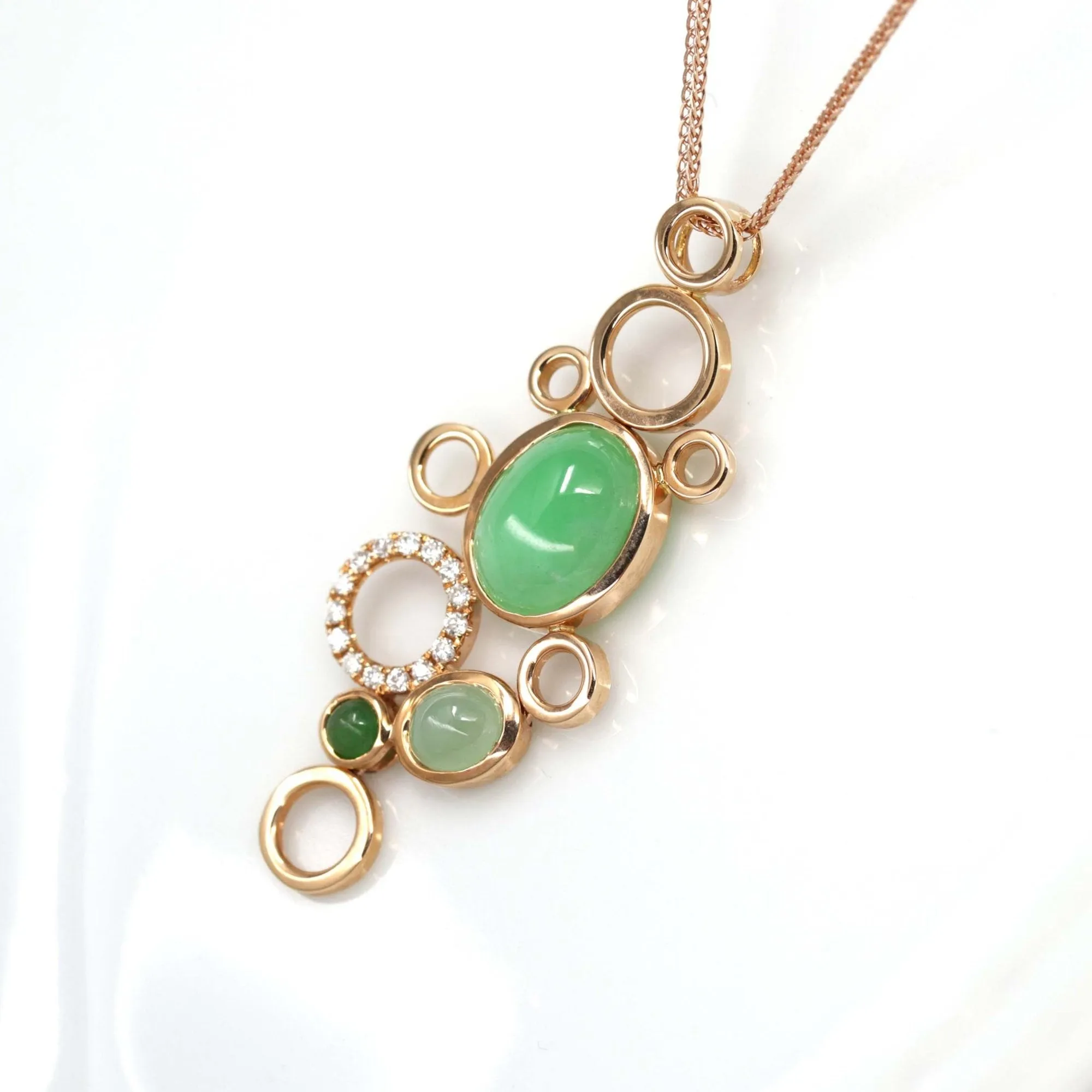 RealJade® "Bubbles Collection" 18k Rose Gold Multi Color Imperial Green and Ice Jadeite Jade Diamond Pendant Necklace