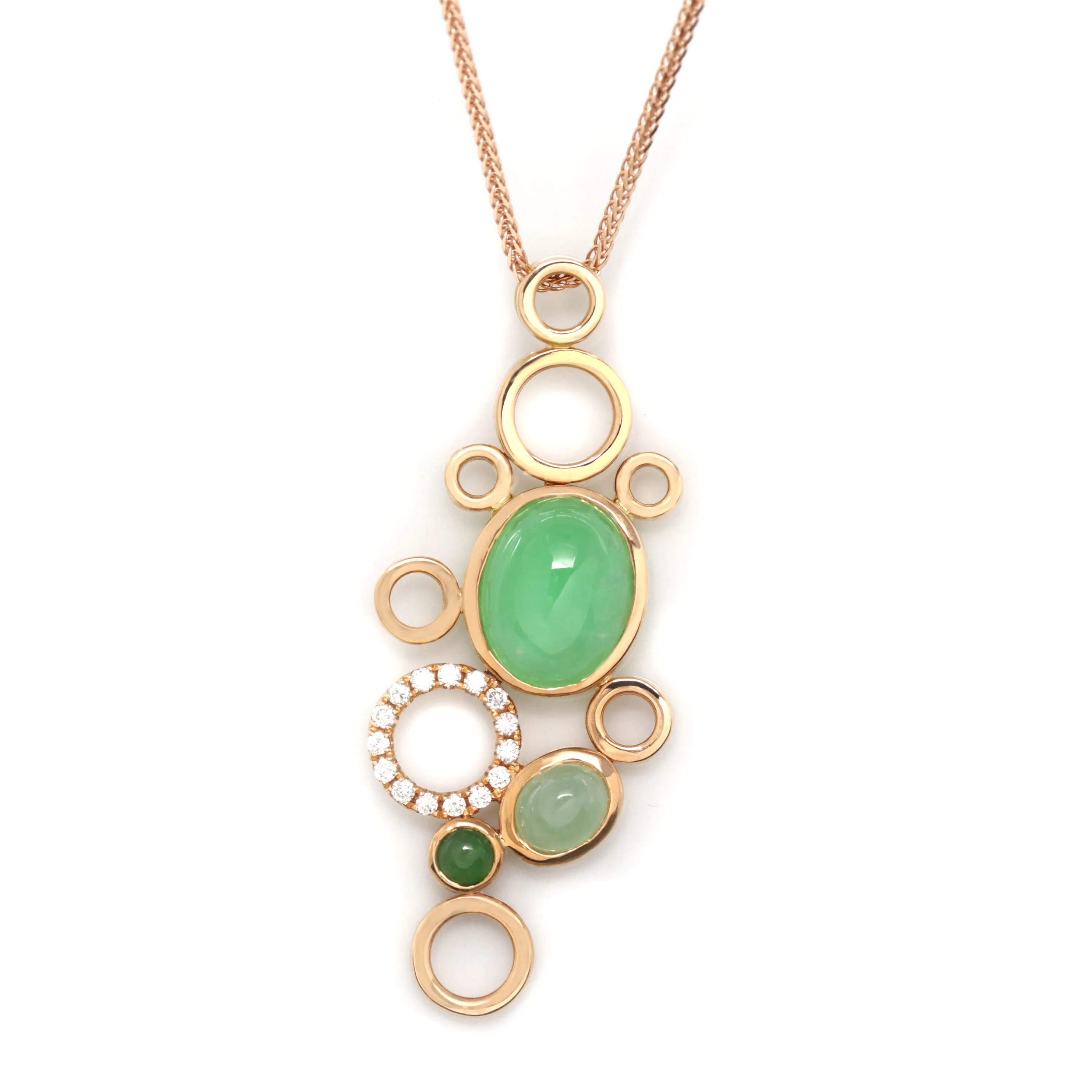 RealJade® "Bubbles Collection" 18k Rose Gold Multi Color Imperial Green and Ice Jadeite Jade Diamond Pendant Necklace