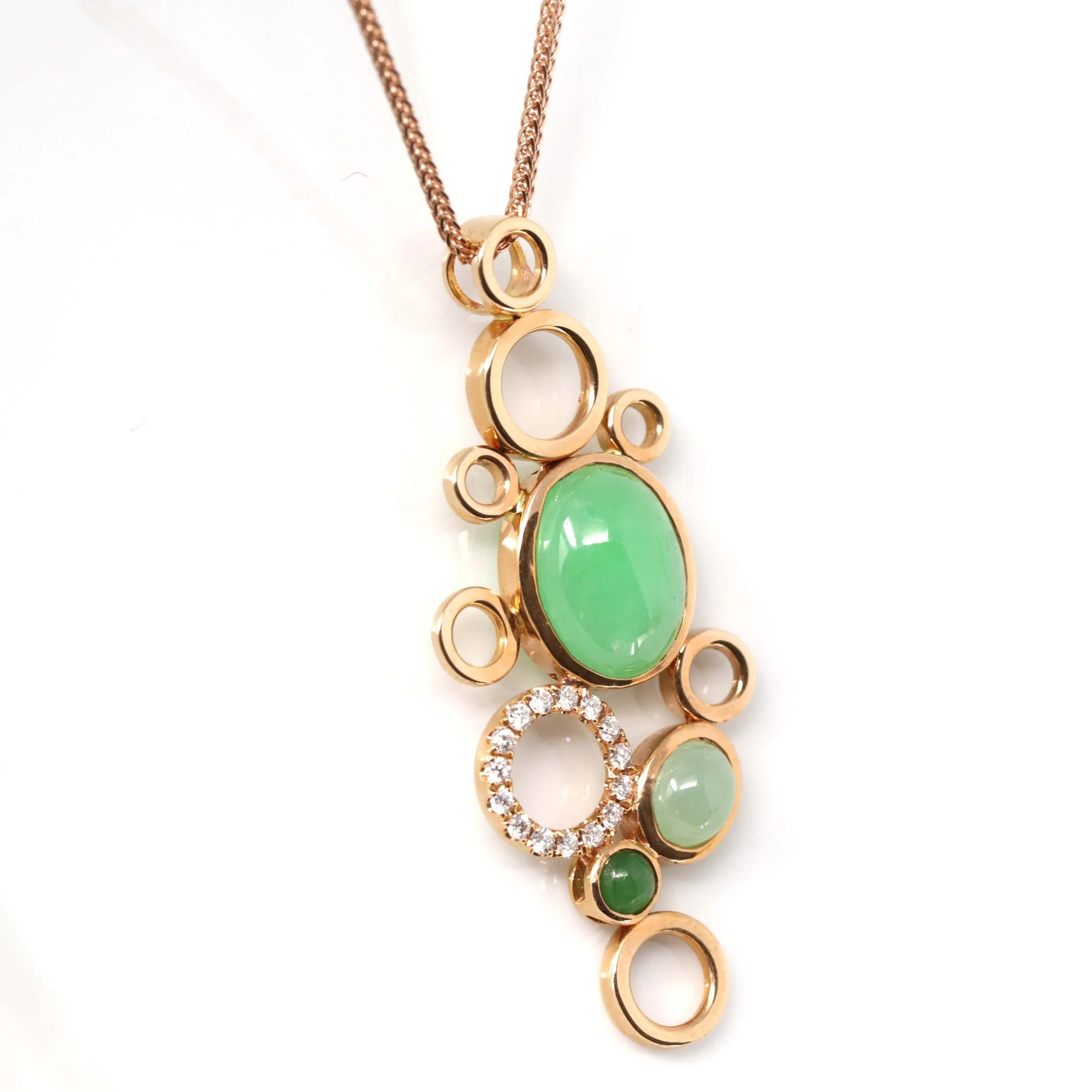 RealJade® "Bubbles Collection" 18k Rose Gold Multi Color Imperial Green and Ice Jadeite Jade Diamond Pendant Necklace