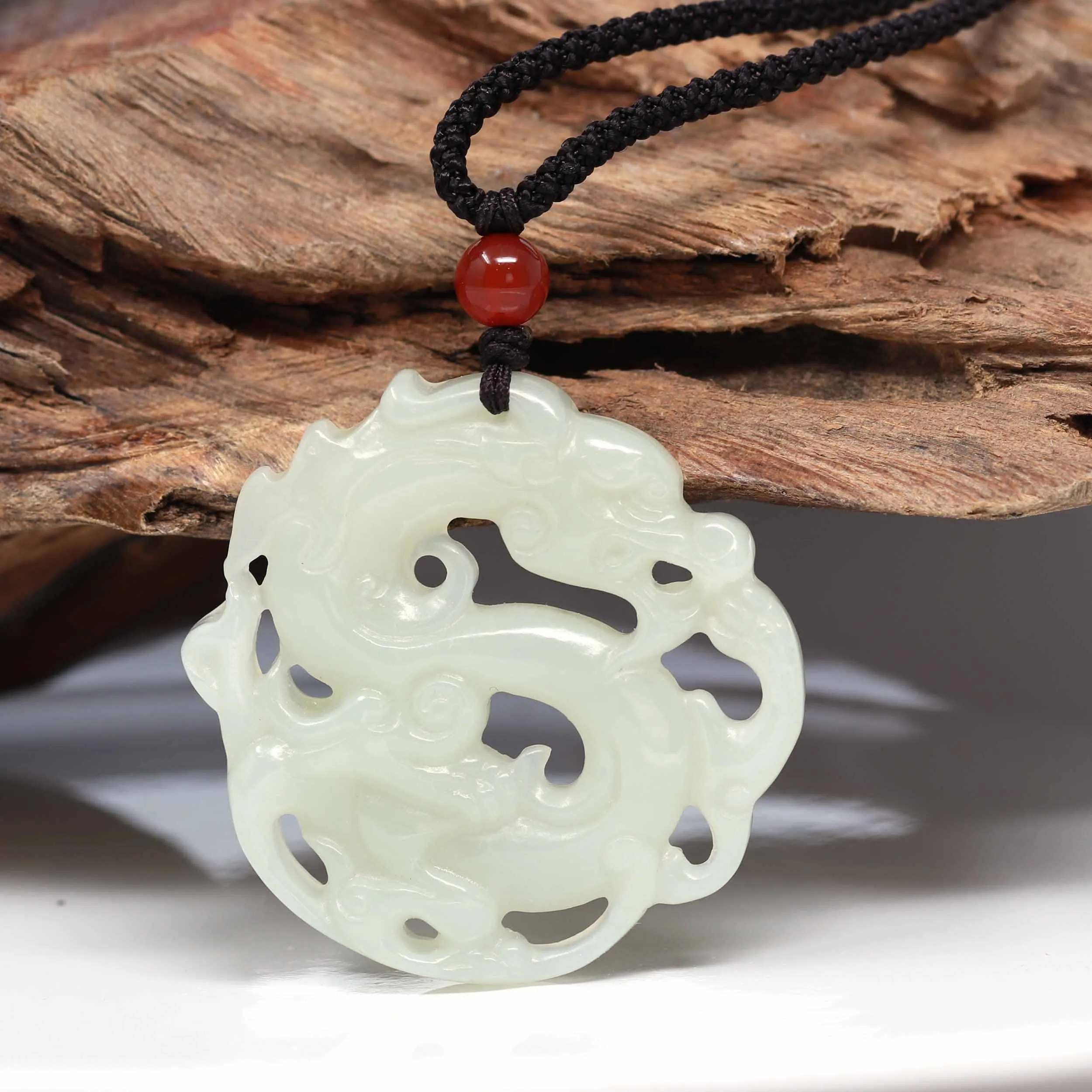 RealJade "Jade Dragon In Cloud" Genuine White Nephrite Jade Dragon Pendant Necklace