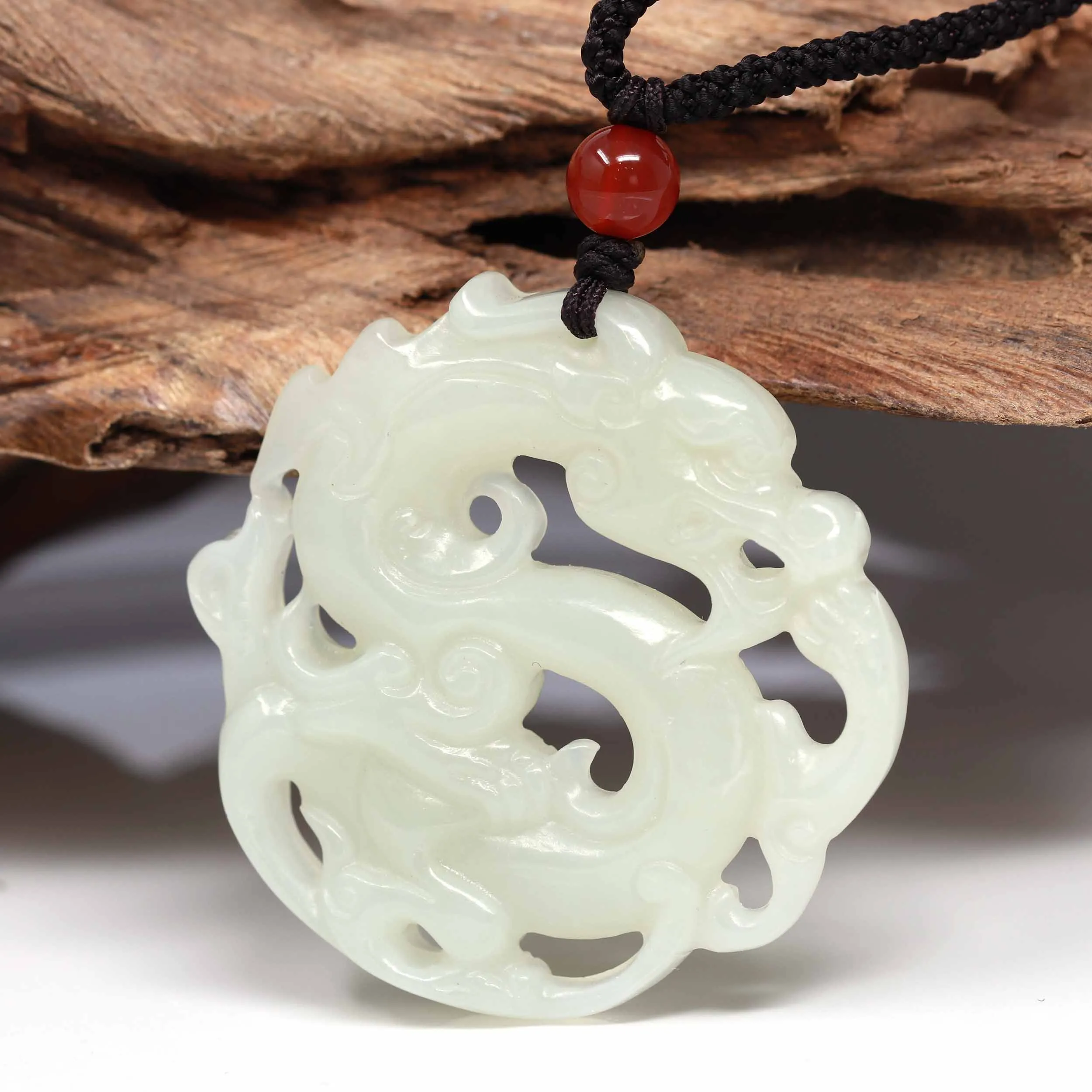 RealJade "Jade Dragon In Cloud" Genuine White Nephrite Jade Dragon Pendant Necklace