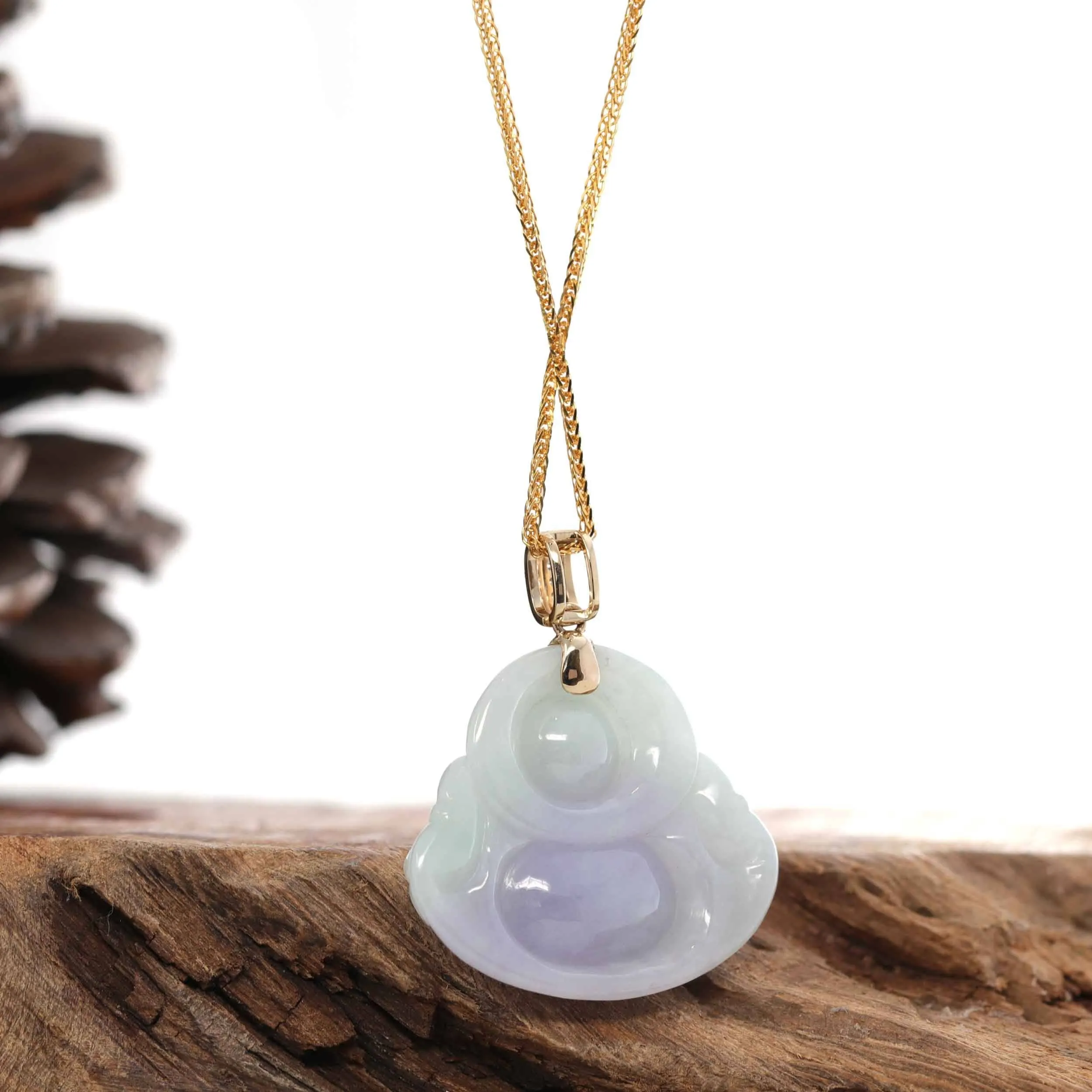 RealJade® "Laughing Buddha" 14k Yellow Gold Genuine Green and Lavender Jadeite Jade with VS1 Diamonds