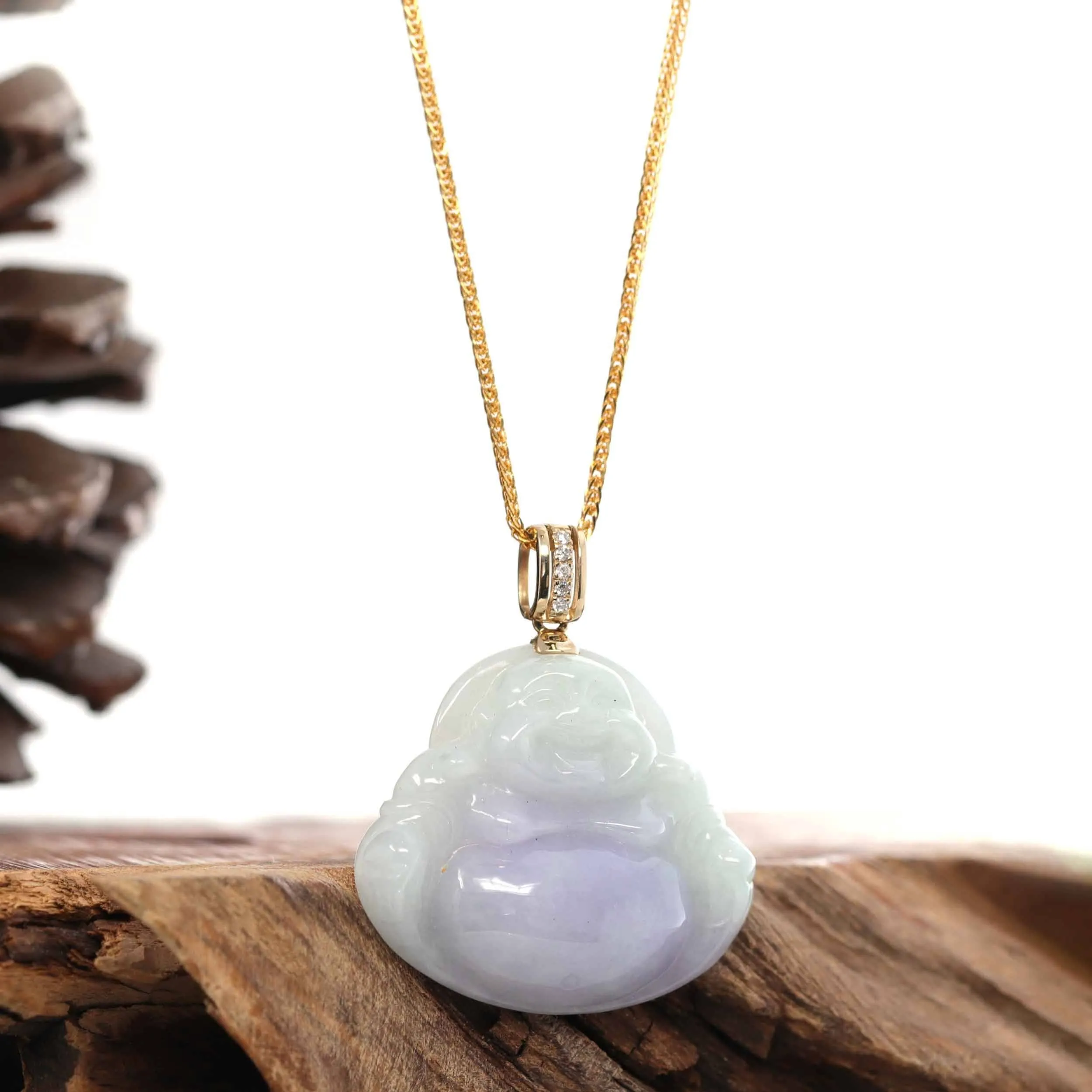 RealJade® "Laughing Buddha" 14k Yellow Gold Genuine Green and Lavender Jadeite Jade with VS1 Diamonds