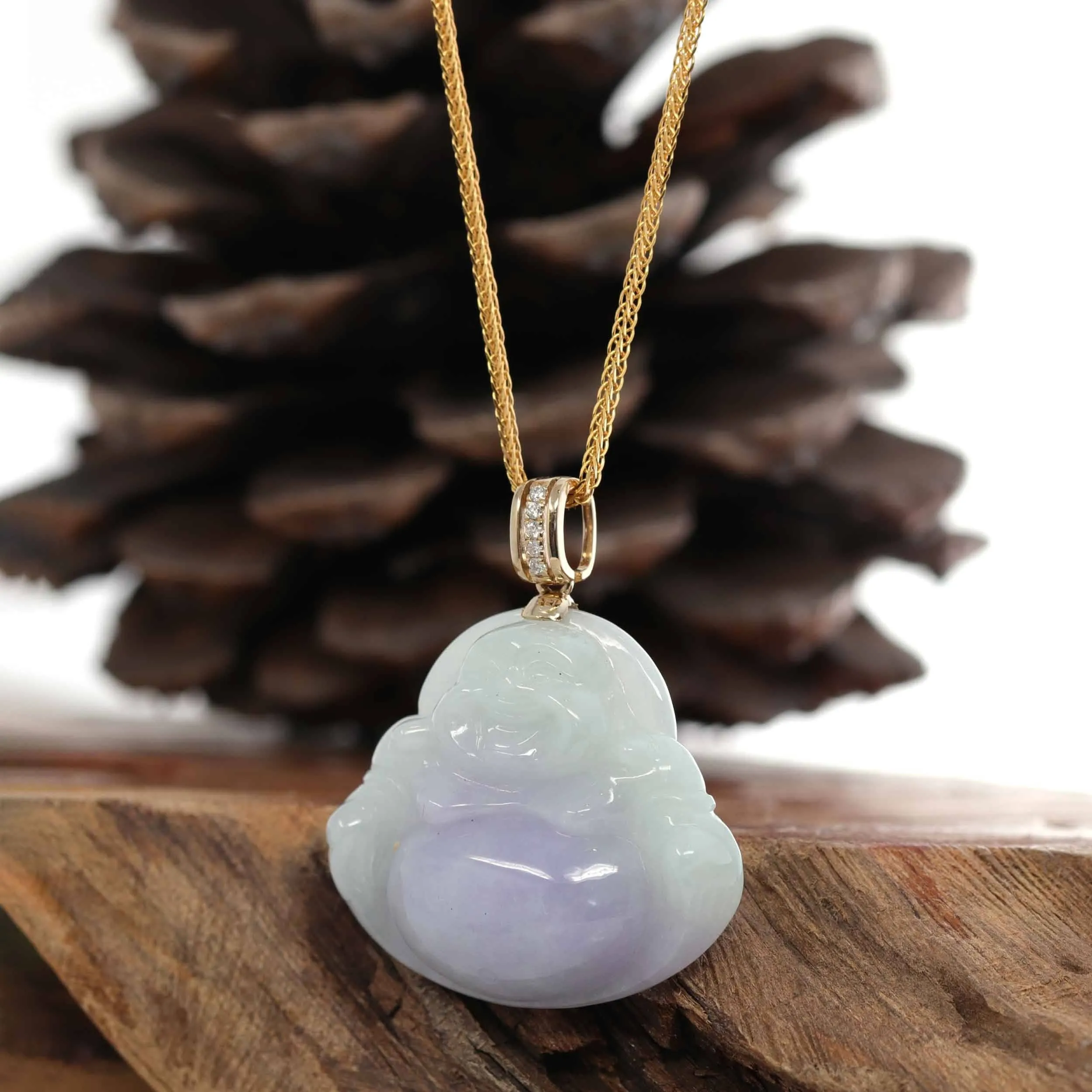 RealJade® "Laughing Buddha" 14k Yellow Gold Genuine Green and Lavender Jadeite Jade with VS1 Diamonds