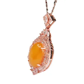 Rose Gold Necklace with Beeswax Amber Pendant and Zircon Halo