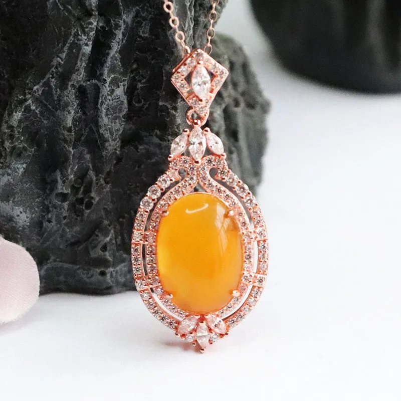 Rose Gold Necklace with Beeswax Amber Pendant and Zircon Halo