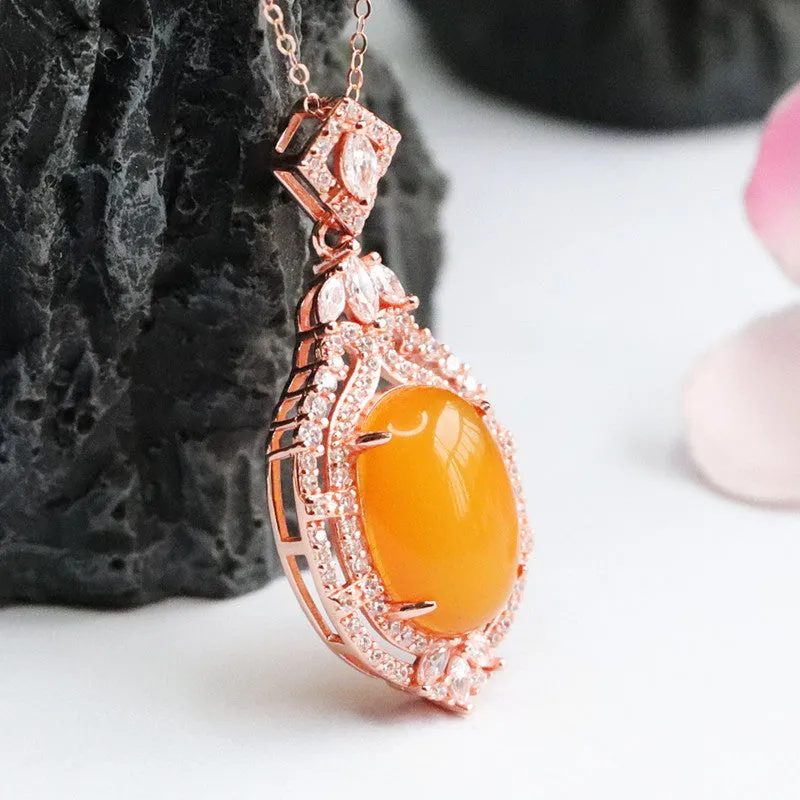 Rose Gold Necklace with Beeswax Amber Pendant and Zircon Halo