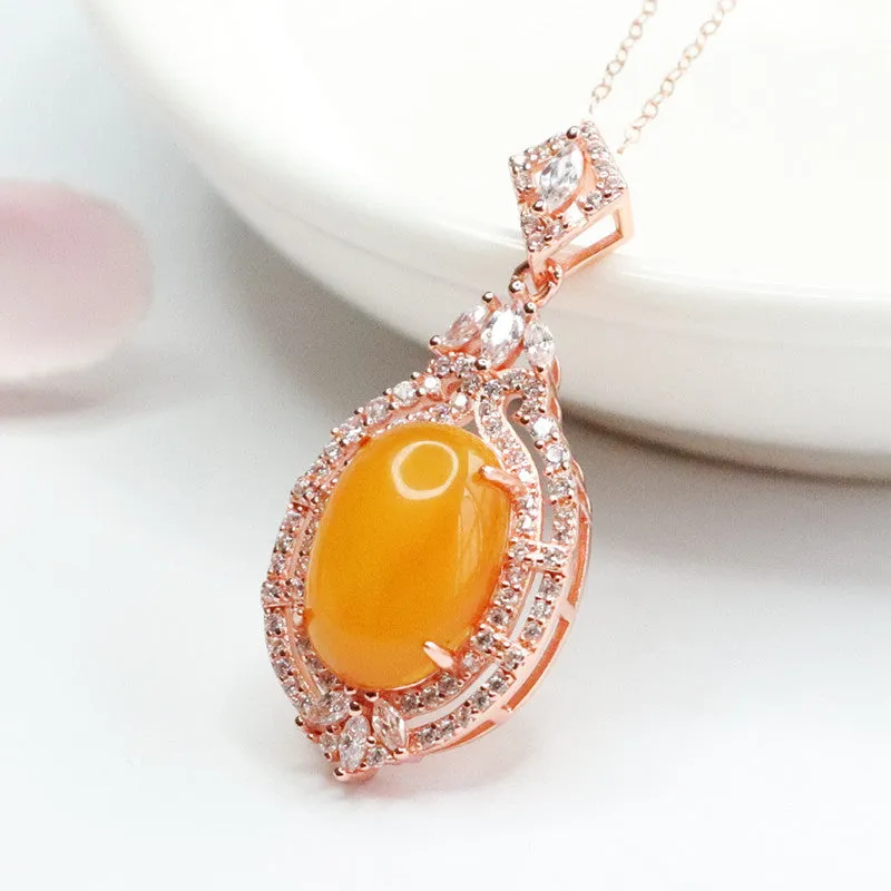 Rose Gold Necklace with Beeswax Amber Pendant and Zircon Halo