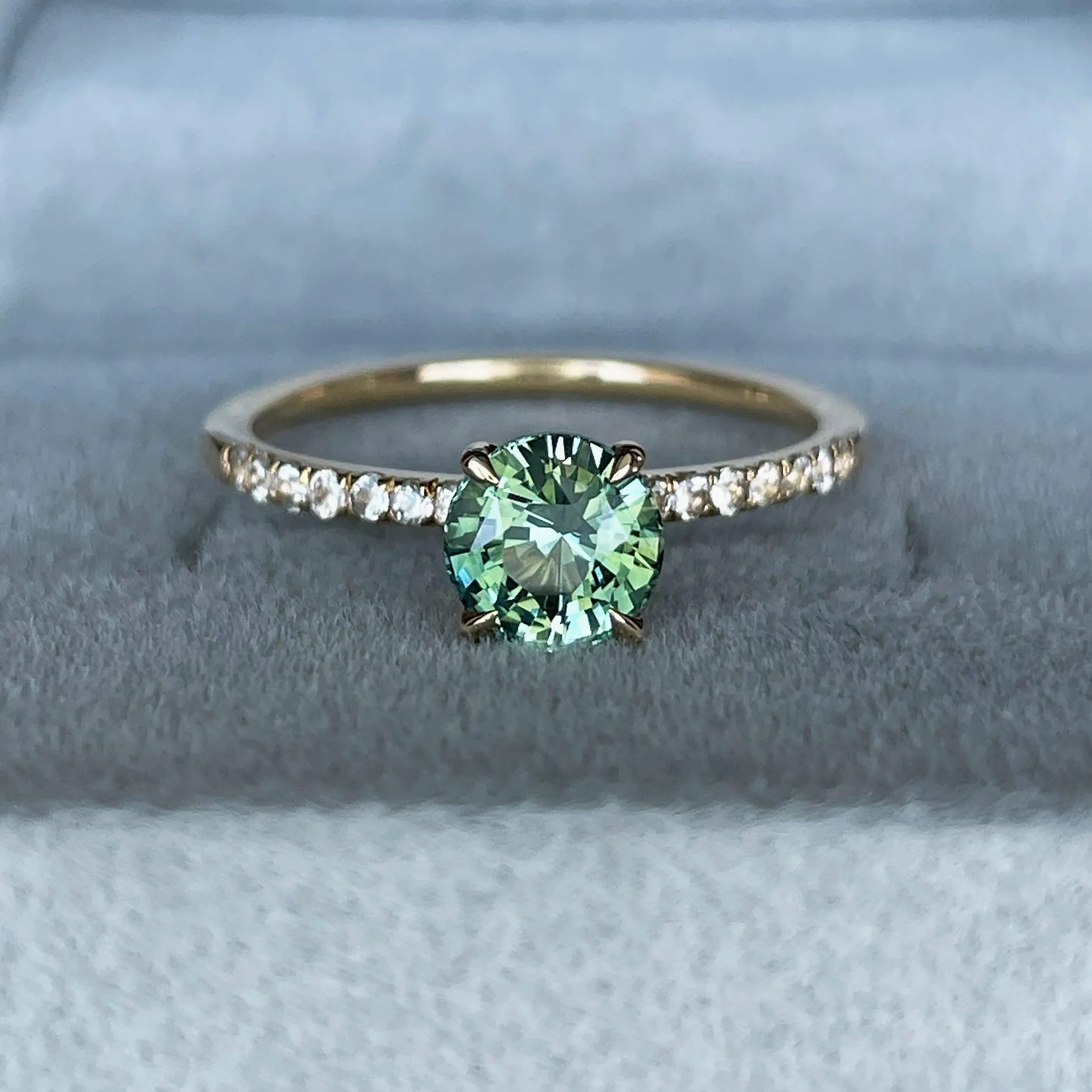 Round Cut Teal Sapphire Engagement Ring, Yellow Gold Peacock Sapphire hidden halo Ring, Teal Sapphire Wedding Ring