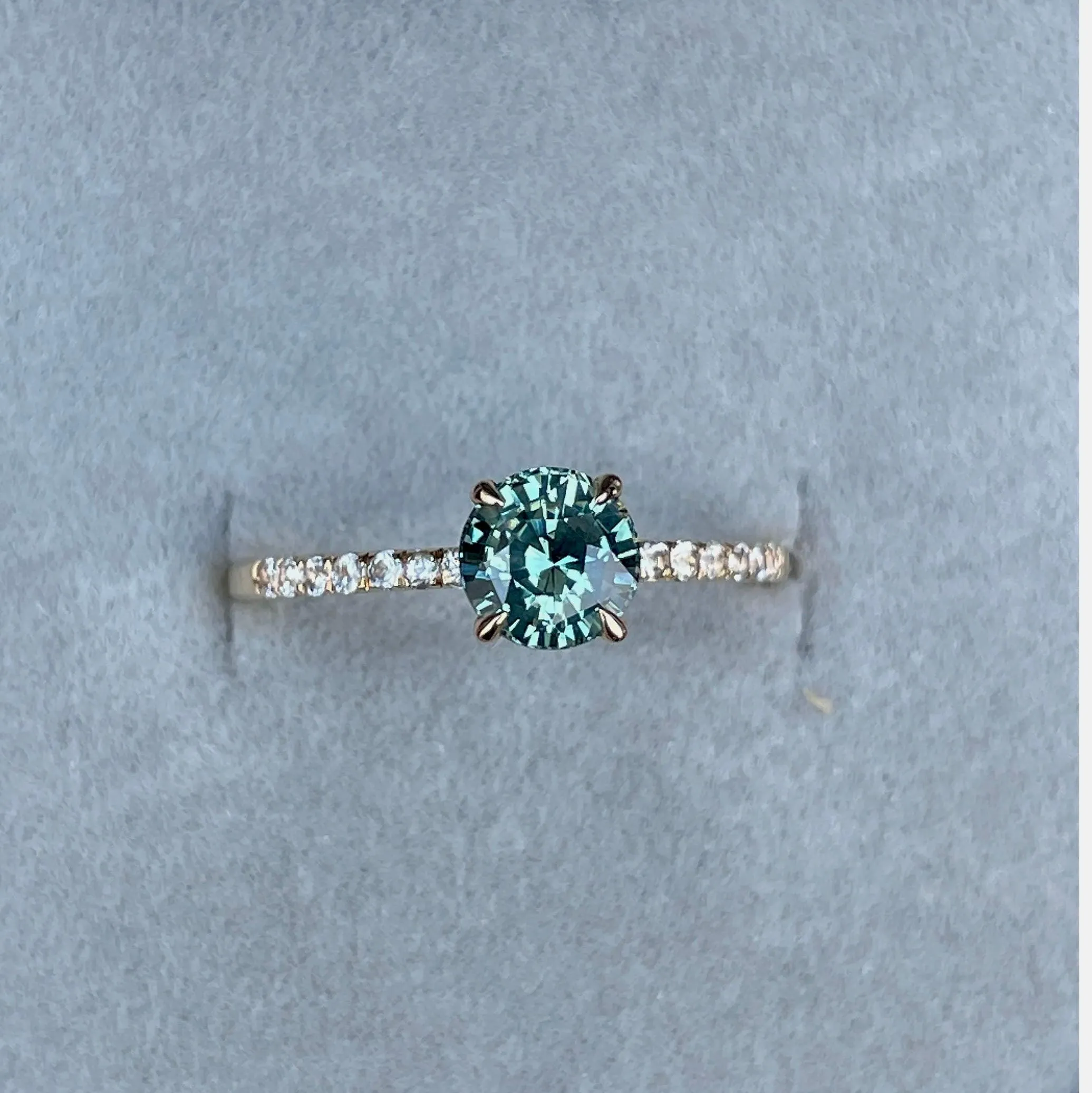 Round Cut Teal Sapphire Engagement Ring, Yellow Gold Peacock Sapphire hidden halo Ring, Teal Sapphire Wedding Ring