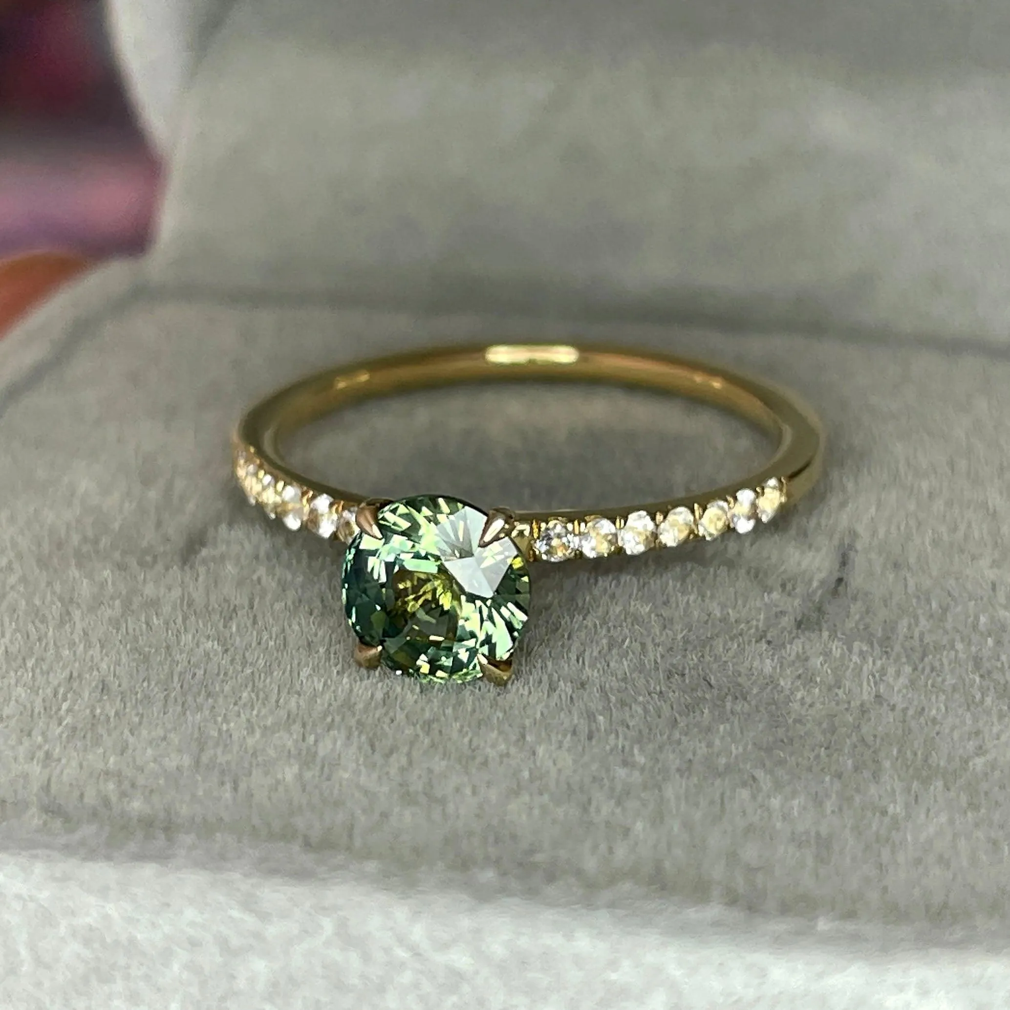 Round Cut Teal Sapphire Engagement Ring, Yellow Gold Peacock Sapphire hidden halo Ring, Teal Sapphire Wedding Ring