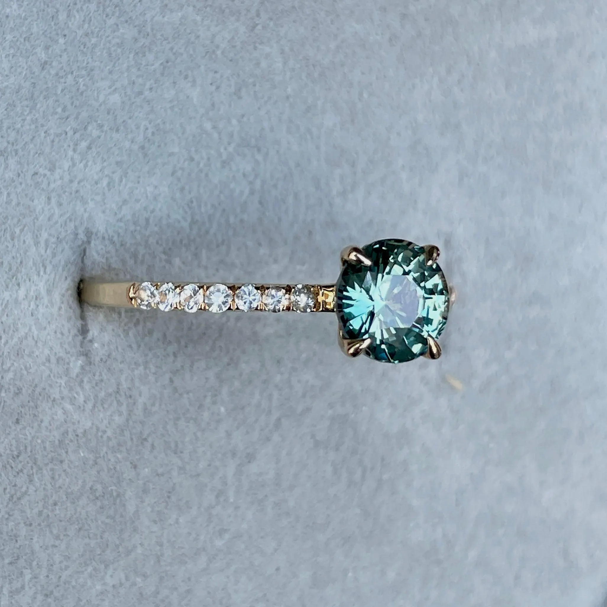 Round Cut Teal Sapphire Engagement Ring, Yellow Gold Peacock Sapphire hidden halo Ring, Teal Sapphire Wedding Ring