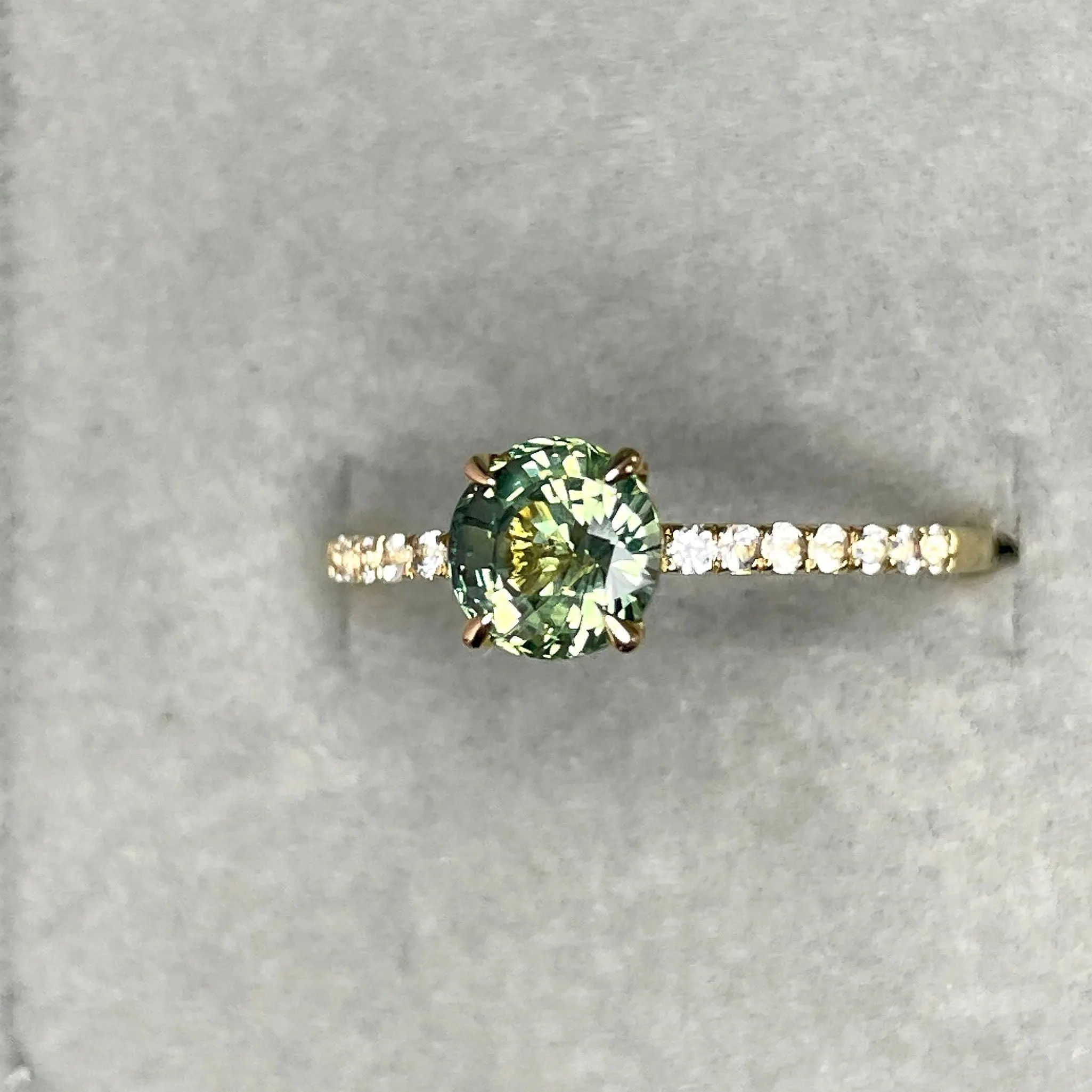 Round Cut Teal Sapphire Engagement Ring, Yellow Gold Peacock Sapphire hidden halo Ring, Teal Sapphire Wedding Ring