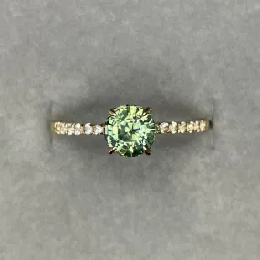Round Cut Teal Sapphire Engagement Ring, Yellow Gold Peacock Sapphire hidden halo Ring, Teal Sapphire Wedding Ring