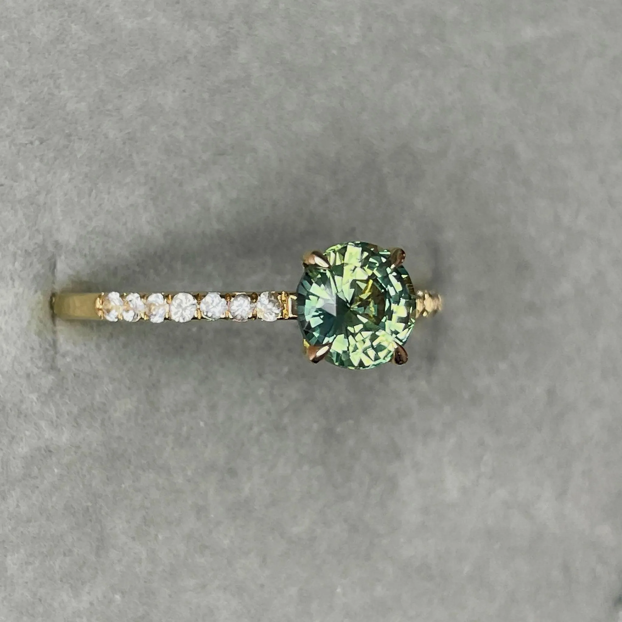 Round Cut Teal Sapphire Engagement Ring, Yellow Gold Peacock Sapphire hidden halo Ring, Teal Sapphire Wedding Ring