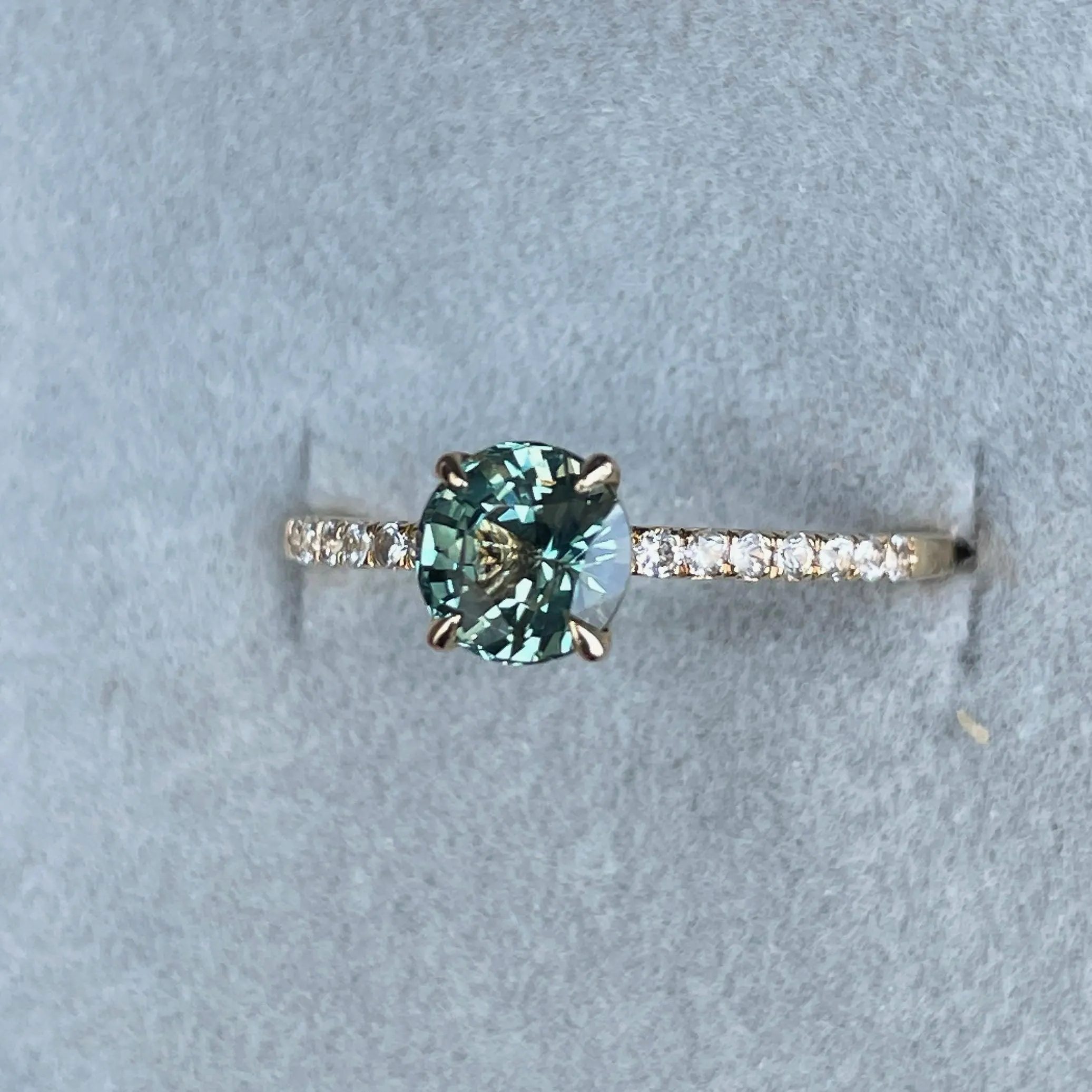 Round Cut Teal Sapphire Engagement Ring, Yellow Gold Peacock Sapphire hidden halo Ring, Teal Sapphire Wedding Ring