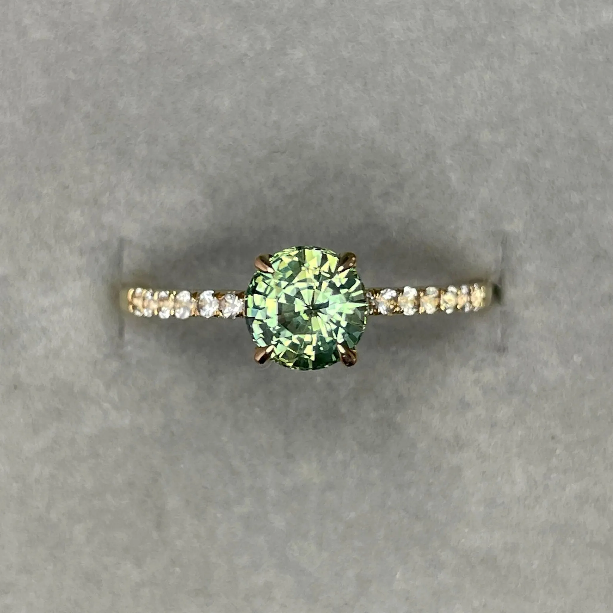 Round Cut Teal Sapphire Engagement Ring, Yellow Gold Peacock Sapphire hidden halo Ring, Teal Sapphire Wedding Ring