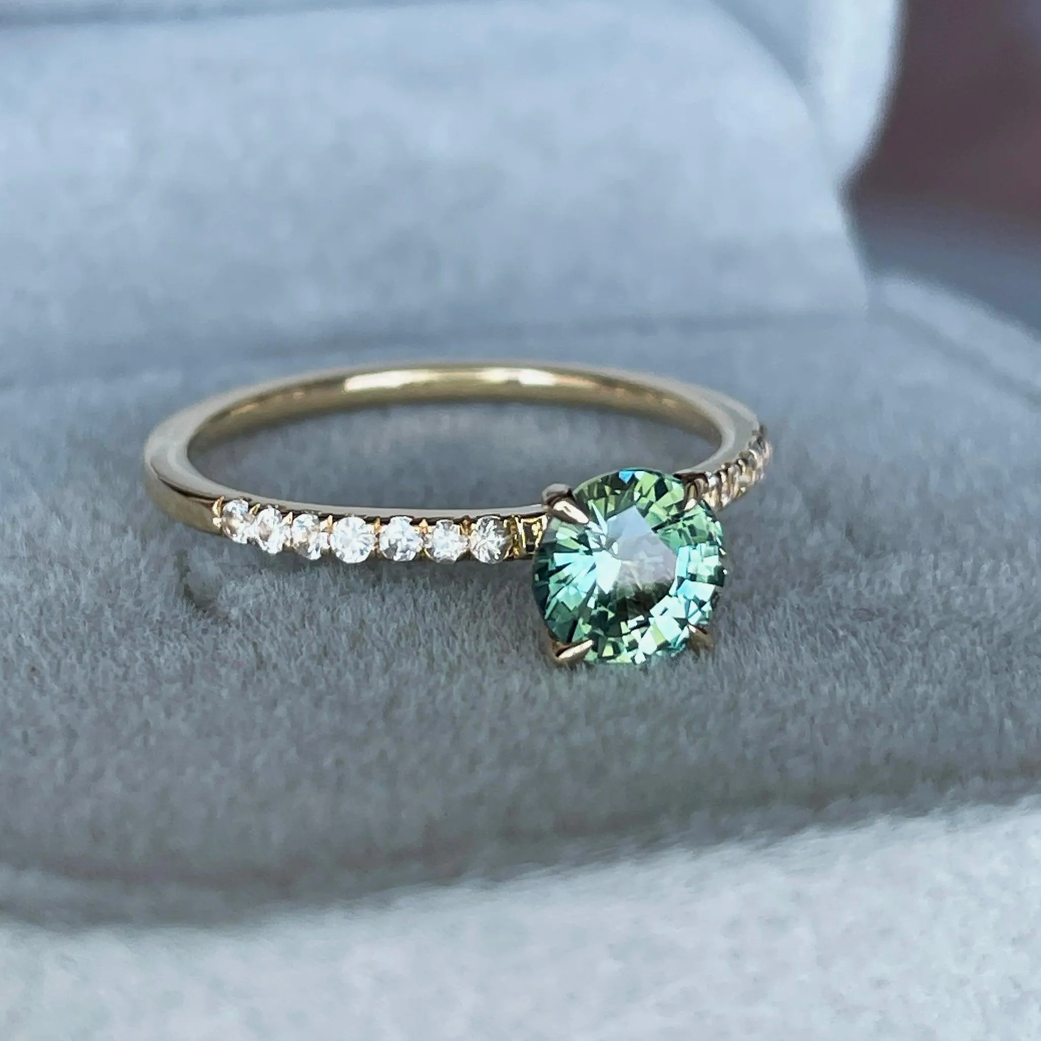 Round Cut Teal Sapphire Engagement Ring, Yellow Gold Peacock Sapphire hidden halo Ring, Teal Sapphire Wedding Ring