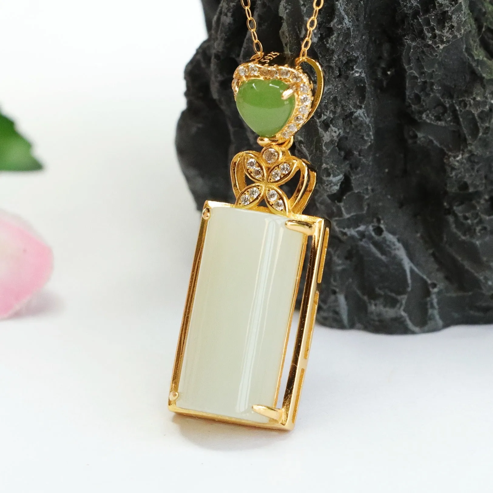 S925 Silver Natural Hetian Jade Pendant Rectangle White Jade Zircon Love Necklace