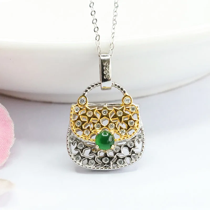 S925 Sterling Silver Jade Zircon Hollow Bag Necklace with Ice Emperor Green Jade