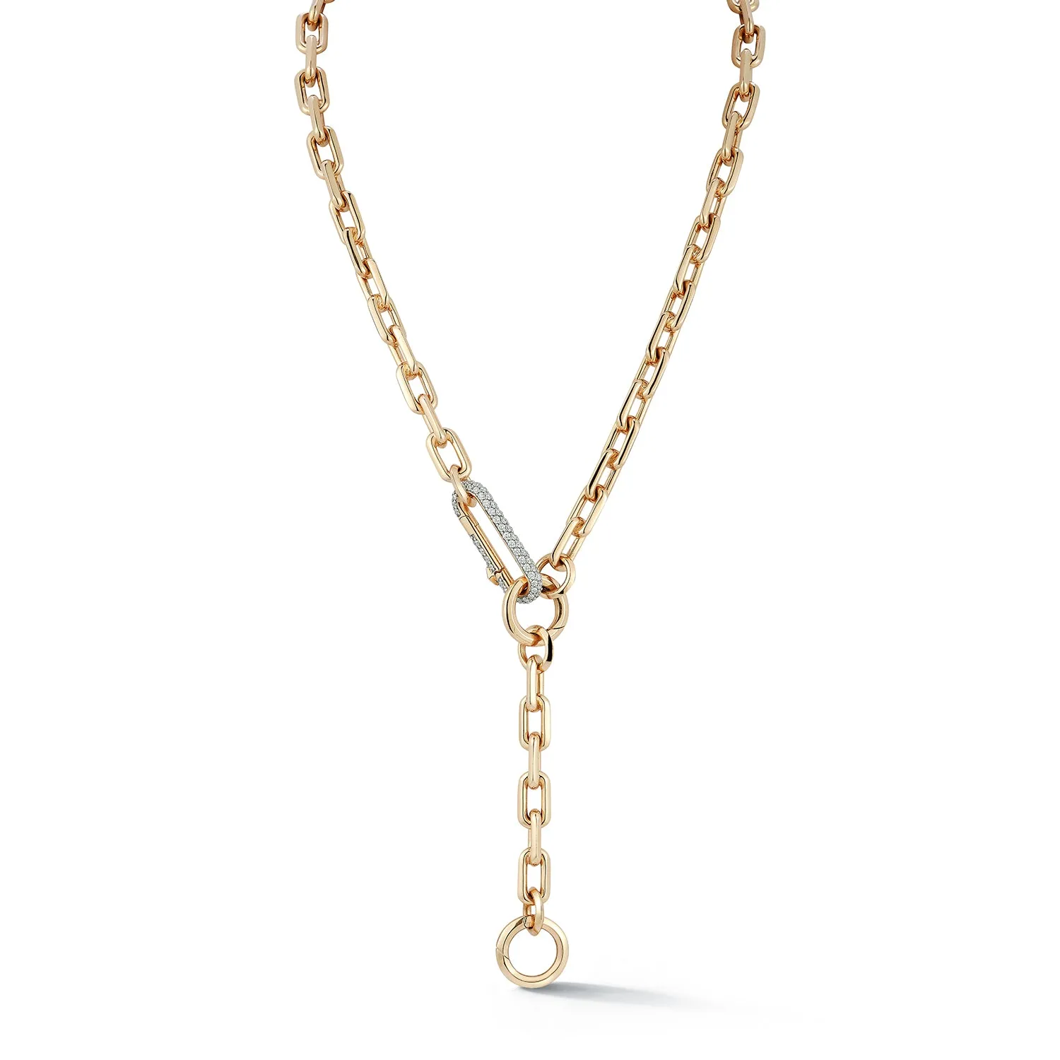SAXON 18K GOLD CHAIN LINK NECKLACE WITH ELONGATED DIAMOND LINK CLASP AND REMOVABLE EXTENSION CHAIN