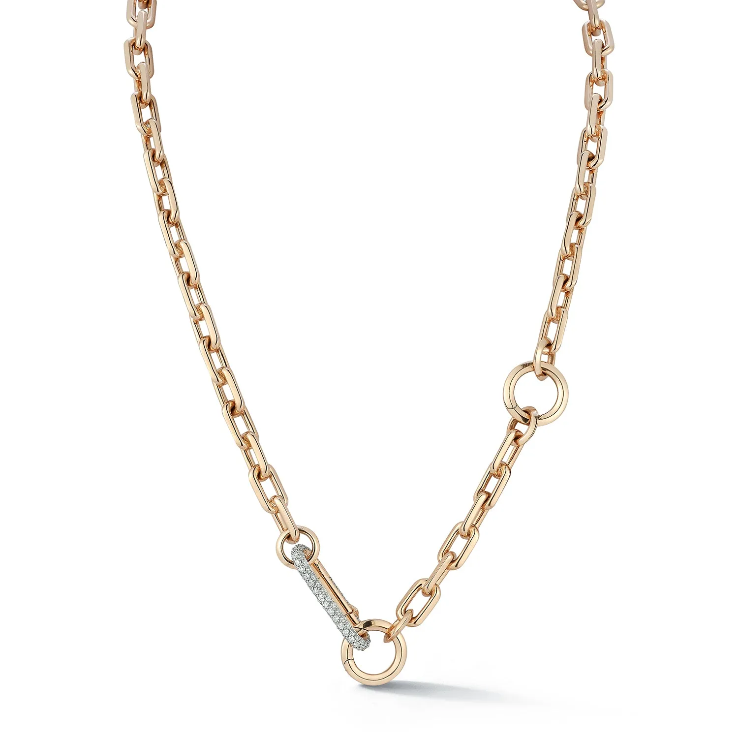 SAXON 18K GOLD CHAIN LINK NECKLACE WITH ELONGATED DIAMOND LINK CLASP AND REMOVABLE EXTENSION CHAIN