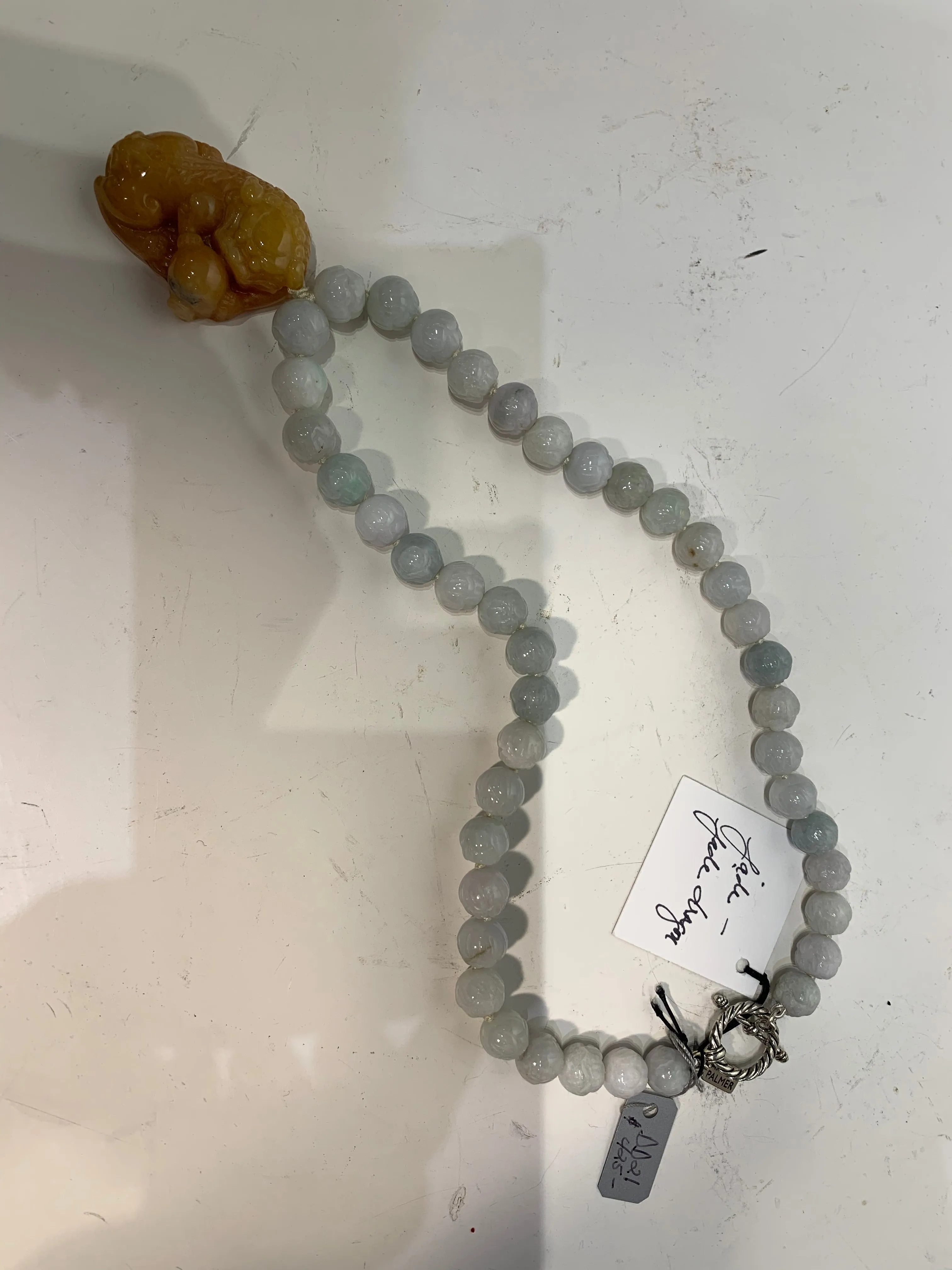 Semi Precious Polished Jade Beads with a Jade Dragon One of a Kind Necklace made in California