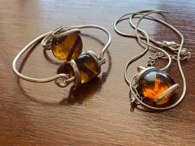 Silver Amber Glass Bead Bracelet Ring Pendant Necklace Set