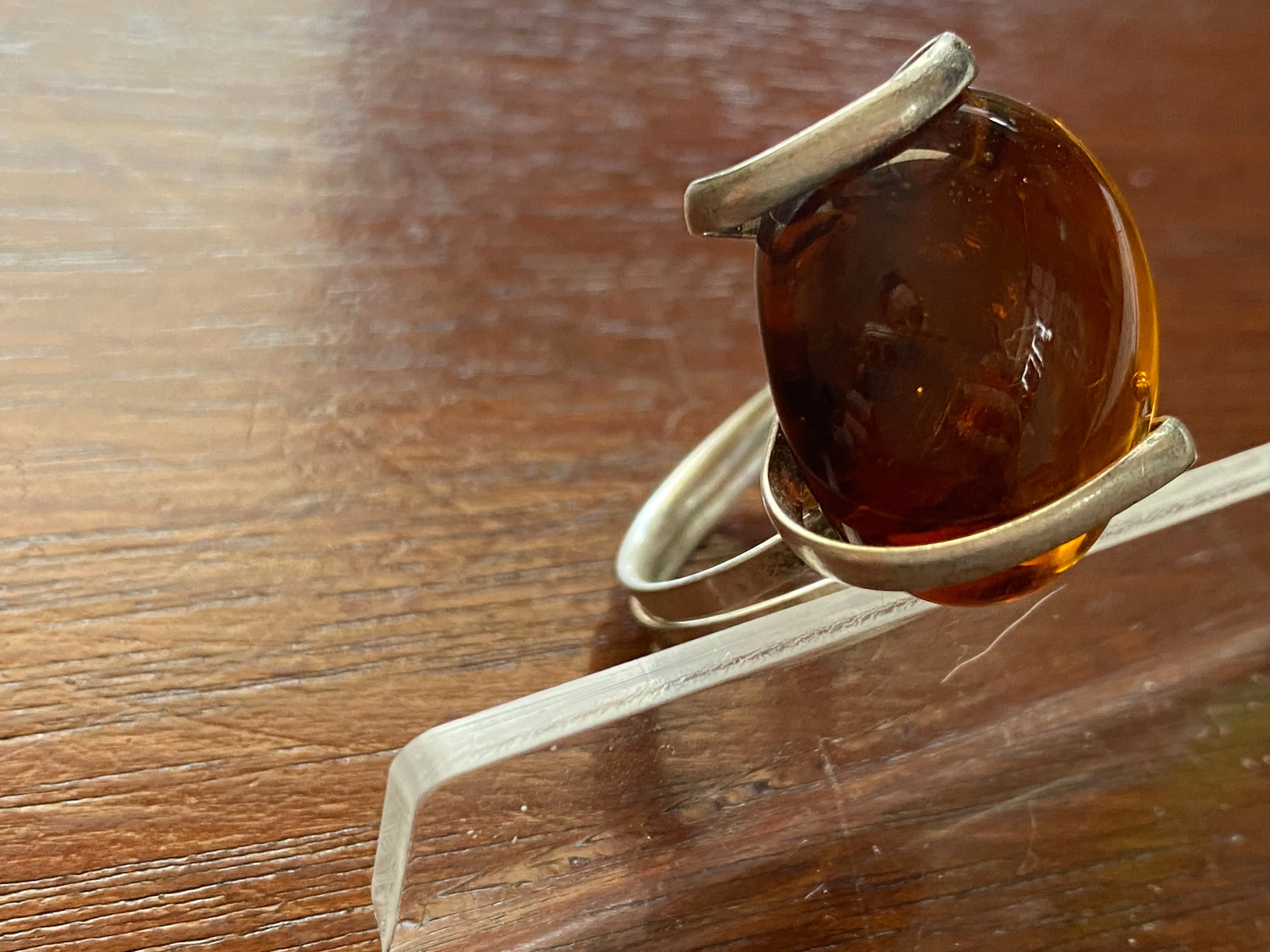 Silver Amber Glass Bead Bracelet Ring Pendant Necklace Set