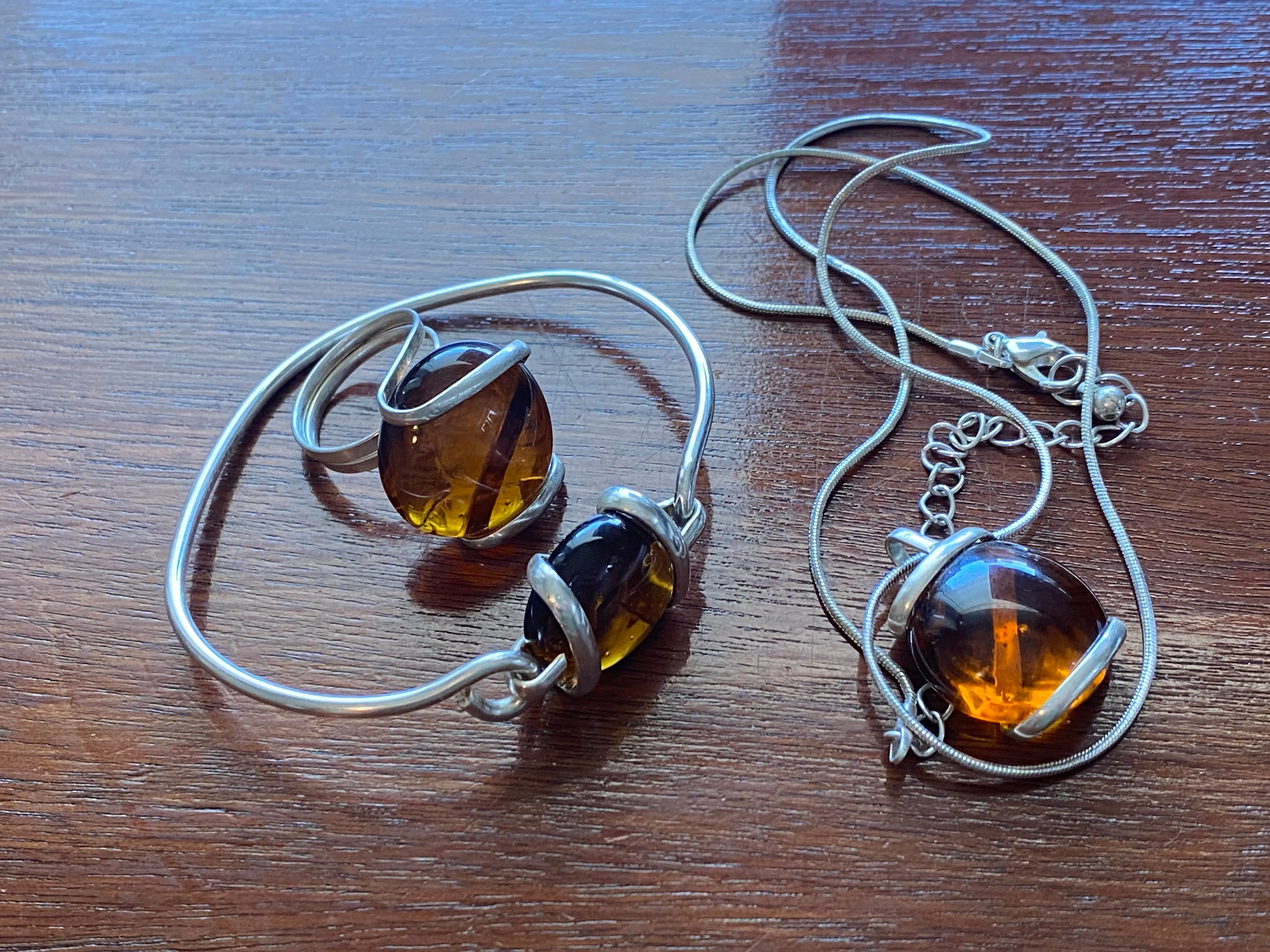 Silver Amber Glass Bead Bracelet Ring Pendant Necklace Set