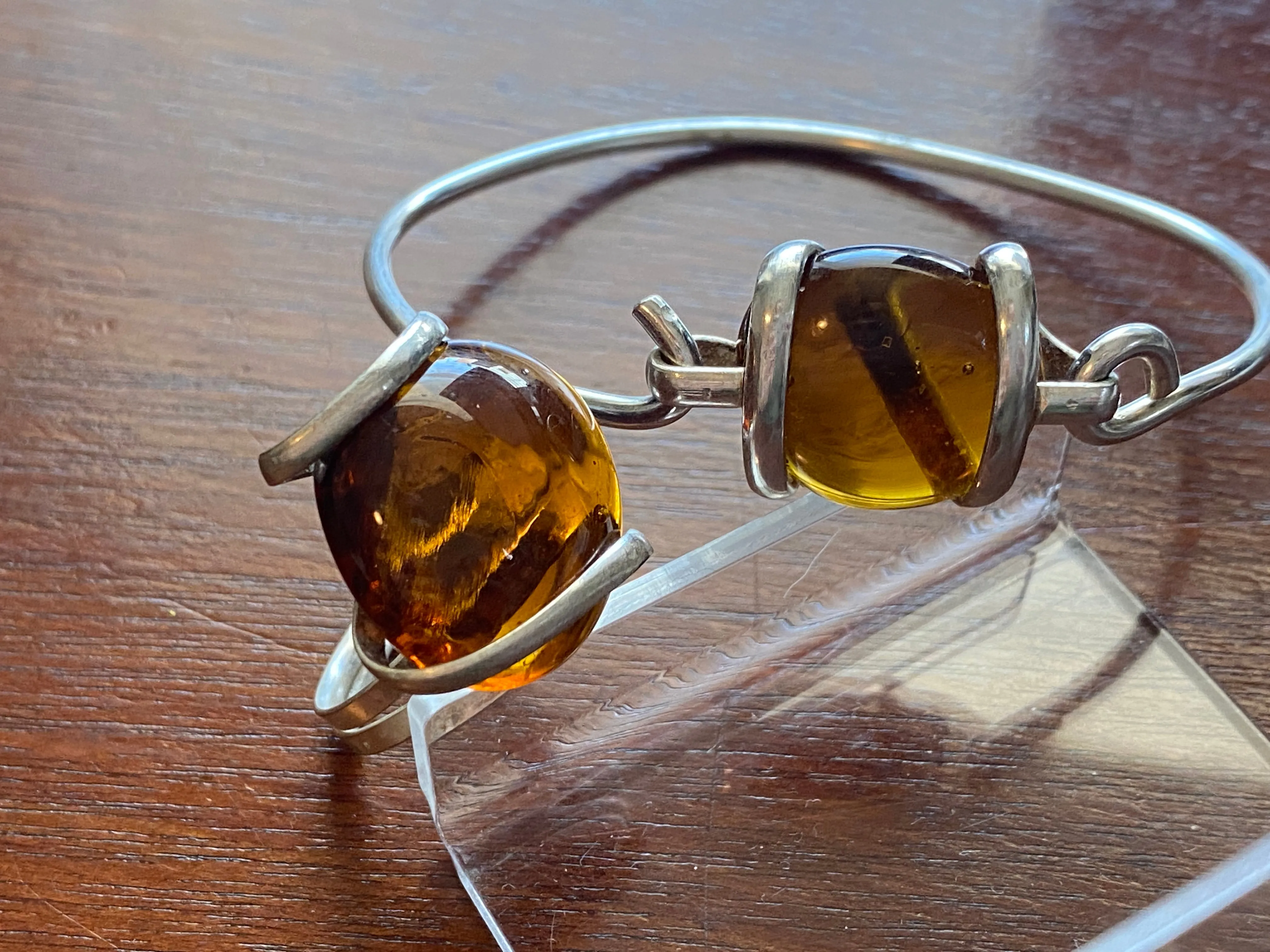 Silver Amber Glass Bead Bracelet Ring Pendant Necklace Set