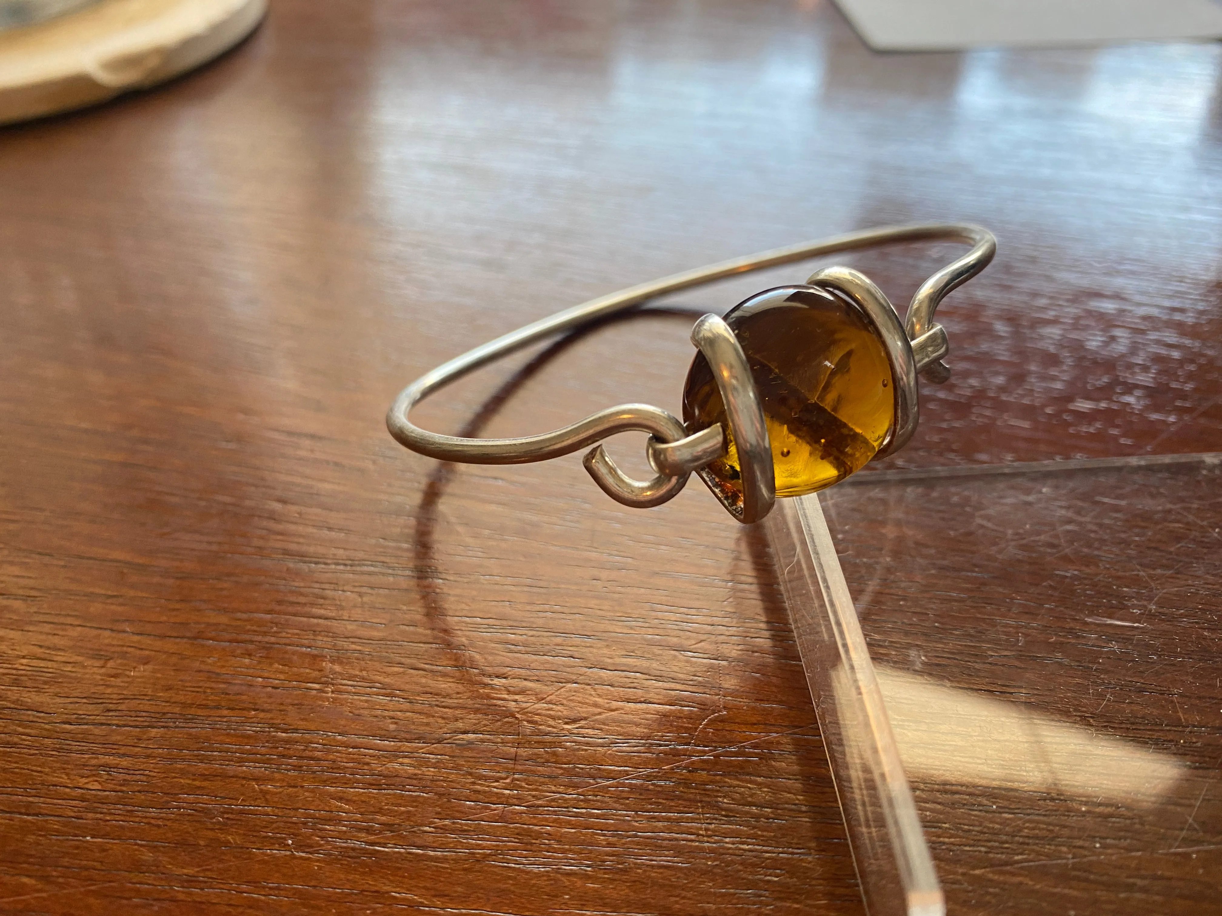 Silver Amber Glass Bead Bracelet Ring Pendant Necklace Set