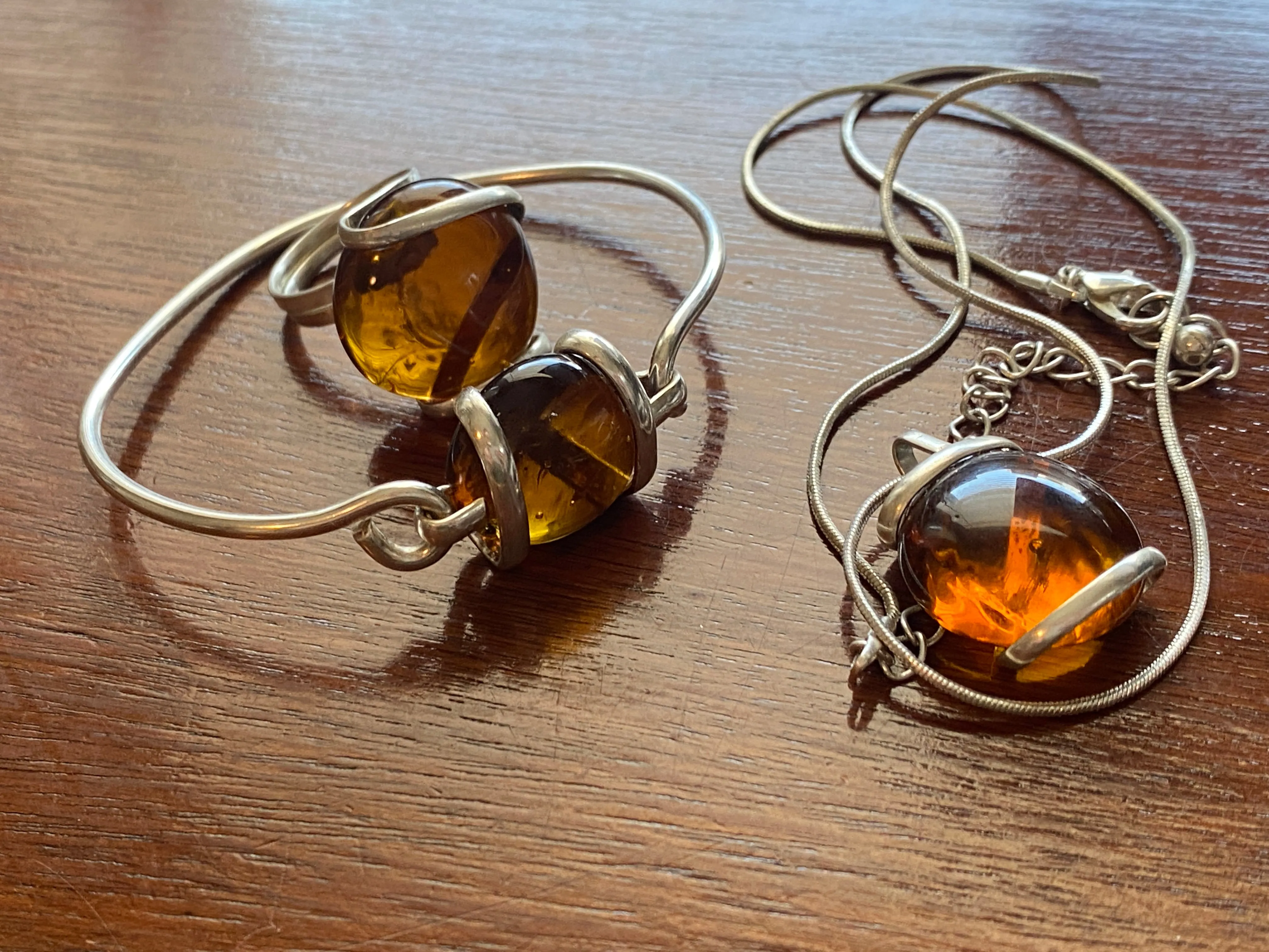 Silver Amber Glass Bead Bracelet Ring Pendant Necklace Set