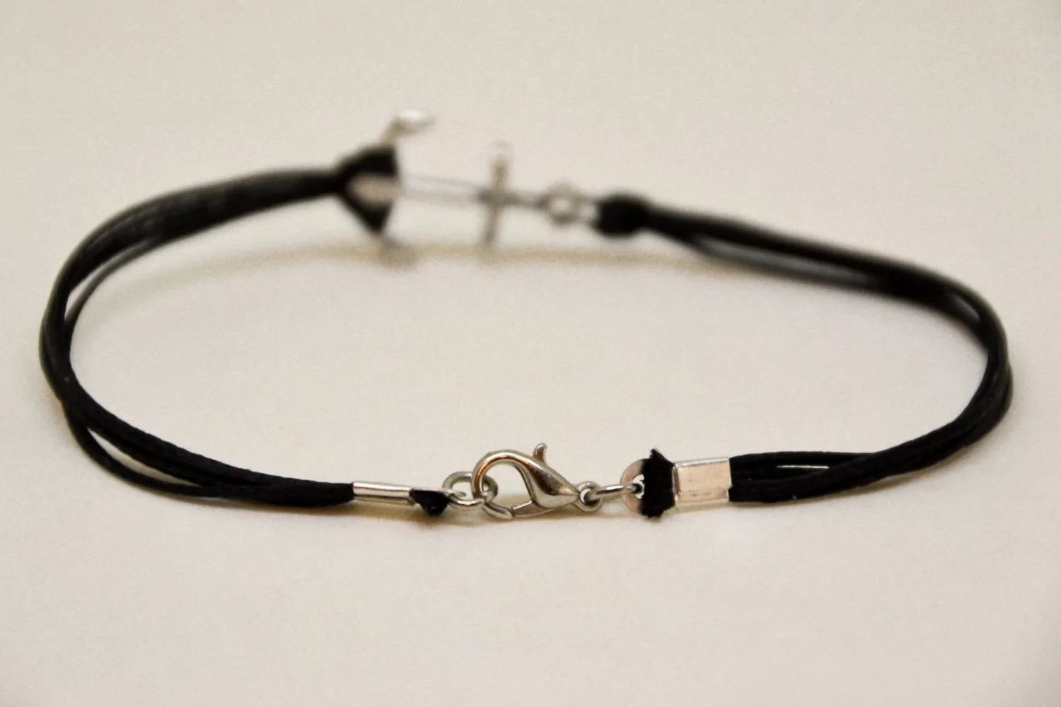 Silver anchor bracelet for men, black cord, nautical beach jewelry